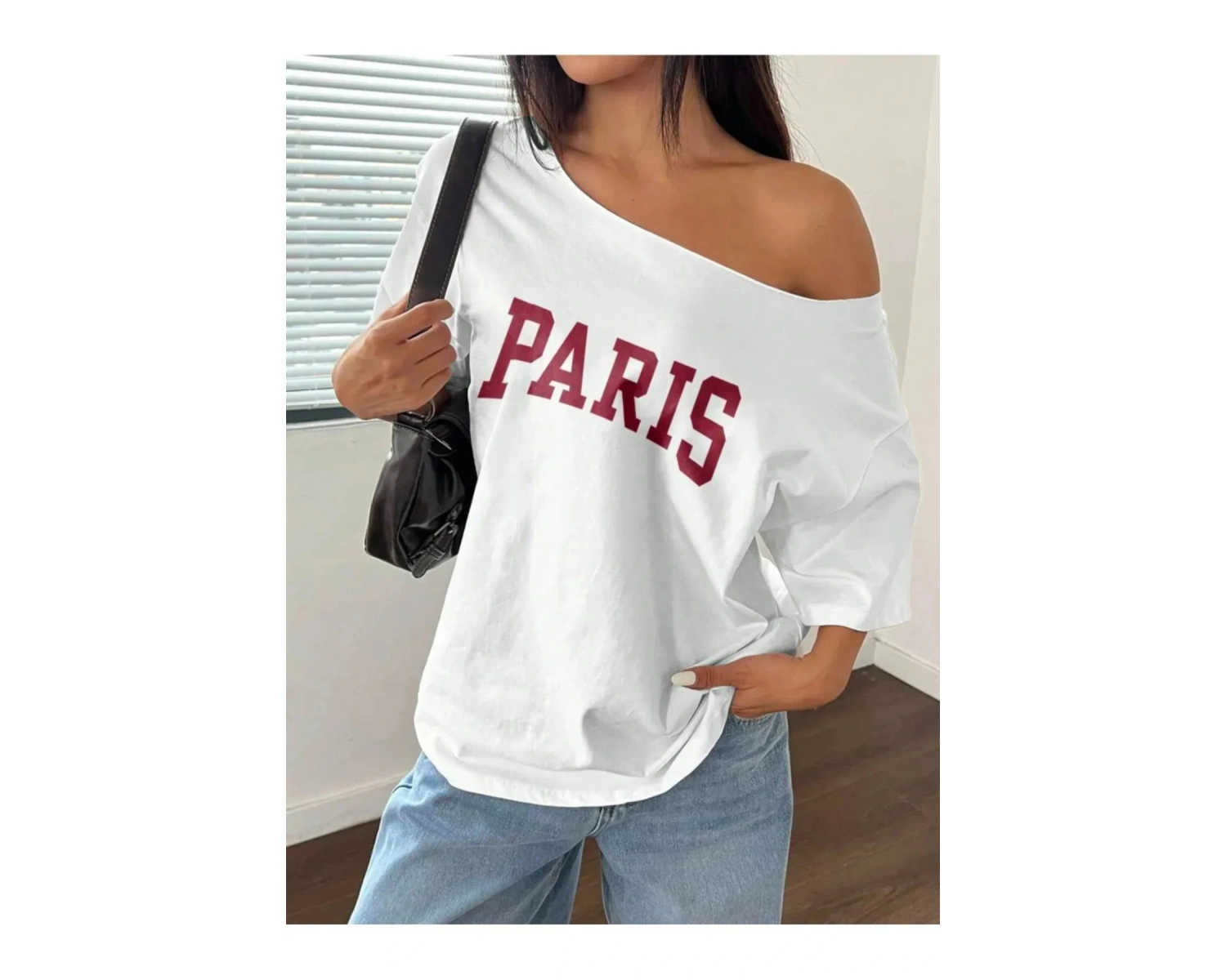 Beyaz Kadın Düşük Omuz Kayık Yaka Baskılı