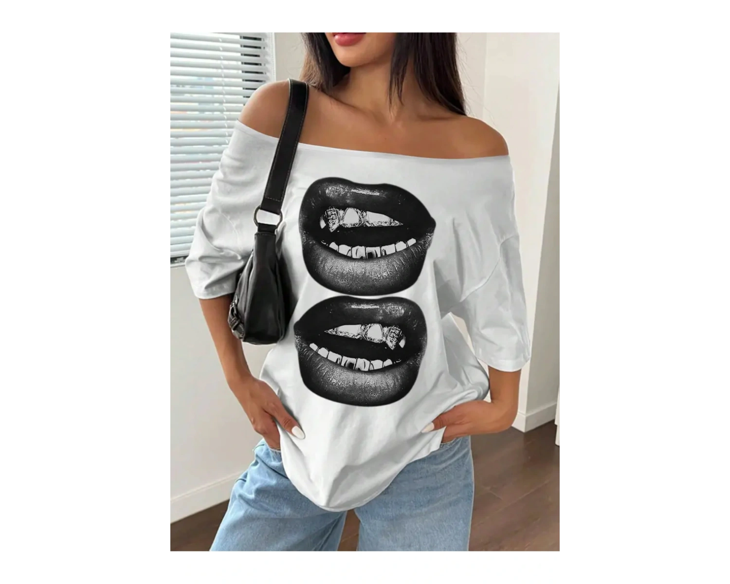 Beyaz Kadın Düşük Omuz Kayık Yaka Baskılı