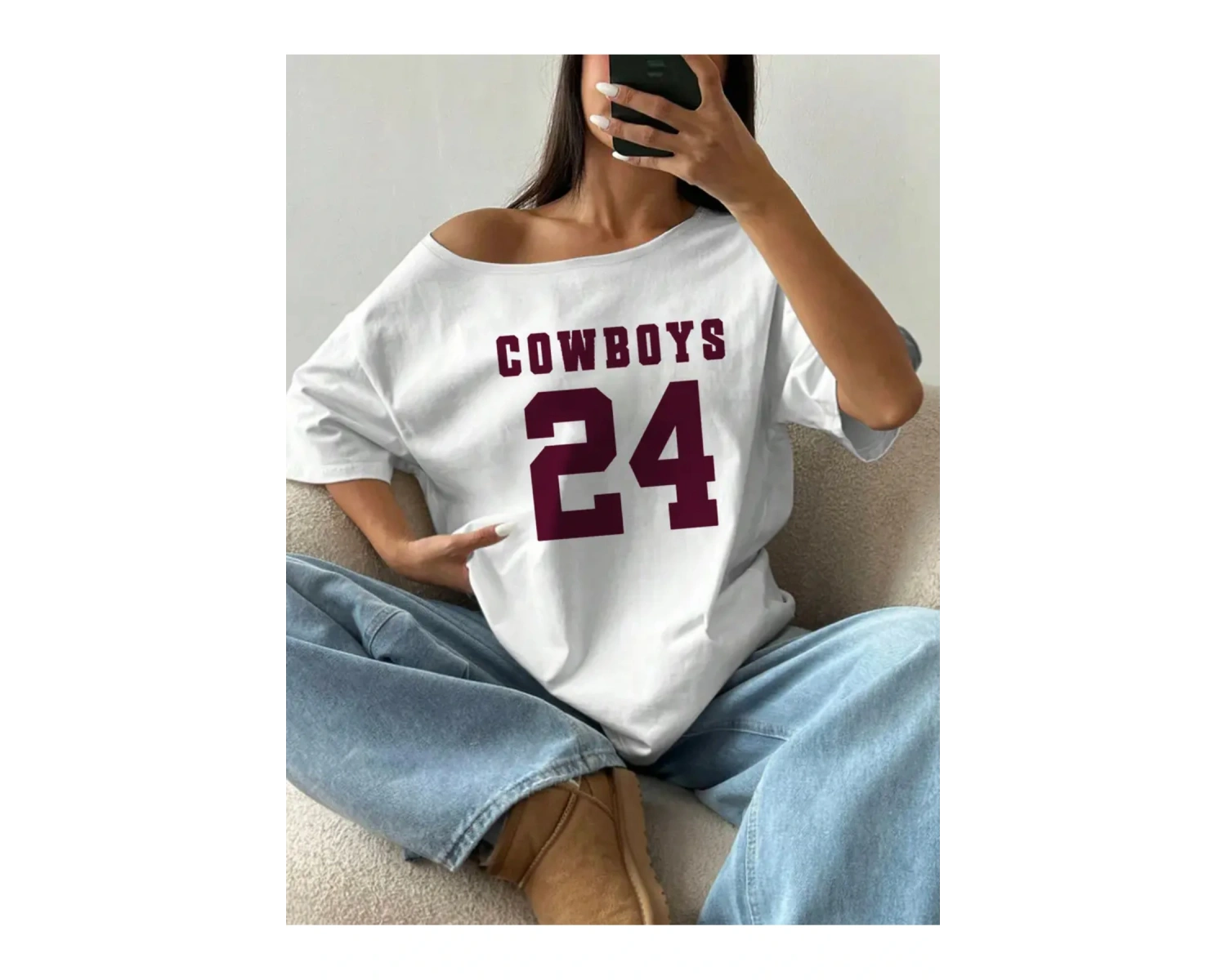 Beyaz Kadın Düşük Omuz Kayık Yaka Baskılı