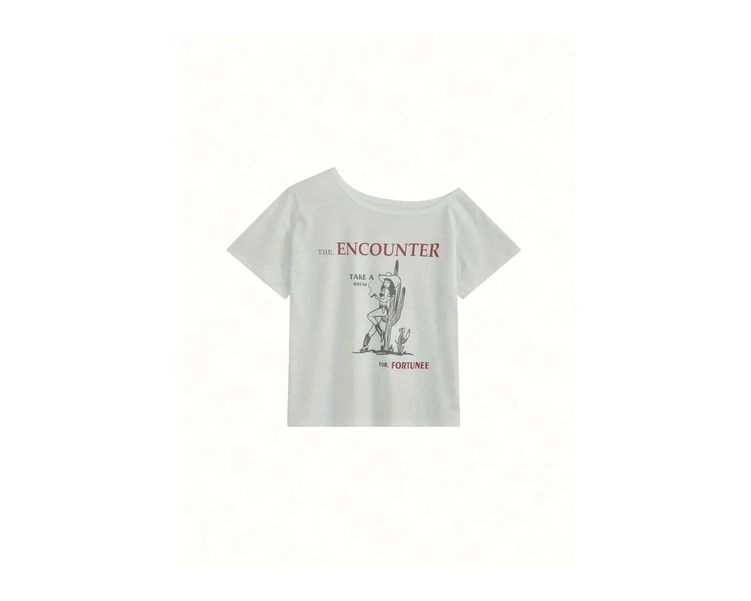 Beyaz Kadın Düşük Omuz Kayık Yaka Baskılı