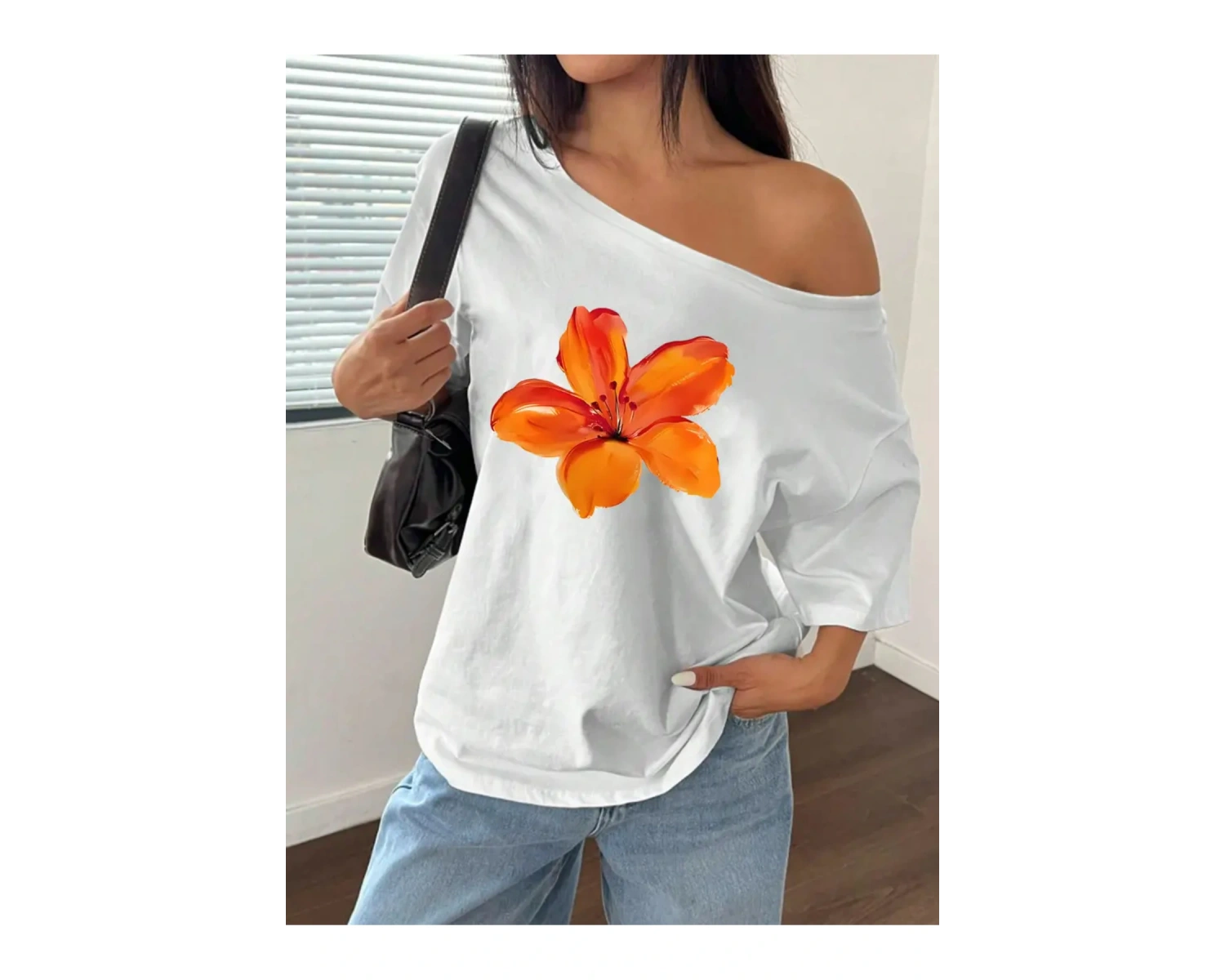 Beyaz Kadın Düşük Omuz Kayık Yaka Baskılı