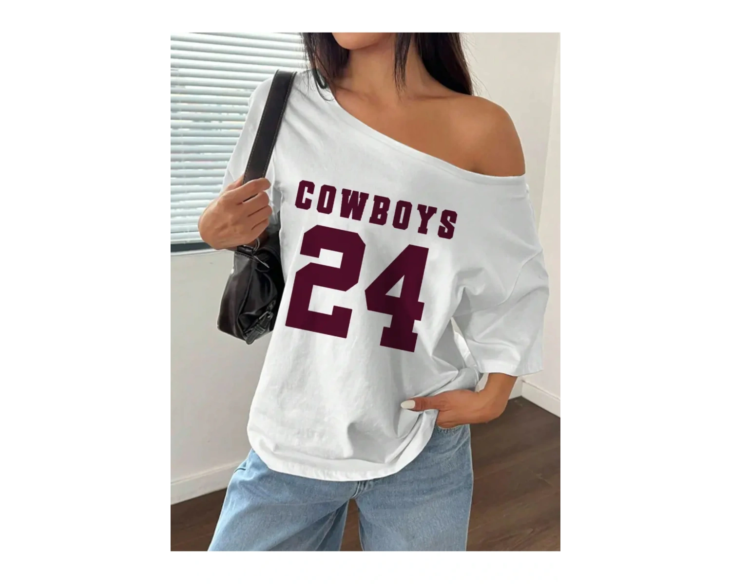 Beyaz Kadın Düşük Omuz Kayık Yaka Baskılı