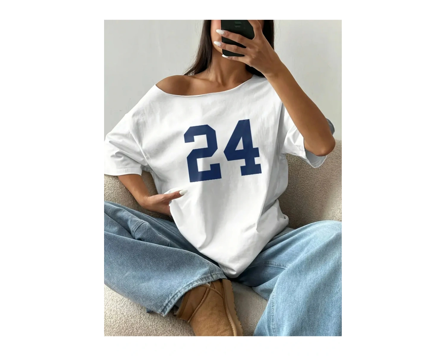 Beyaz Kadın Düşük Omuz Kayık Yaka Baskılı