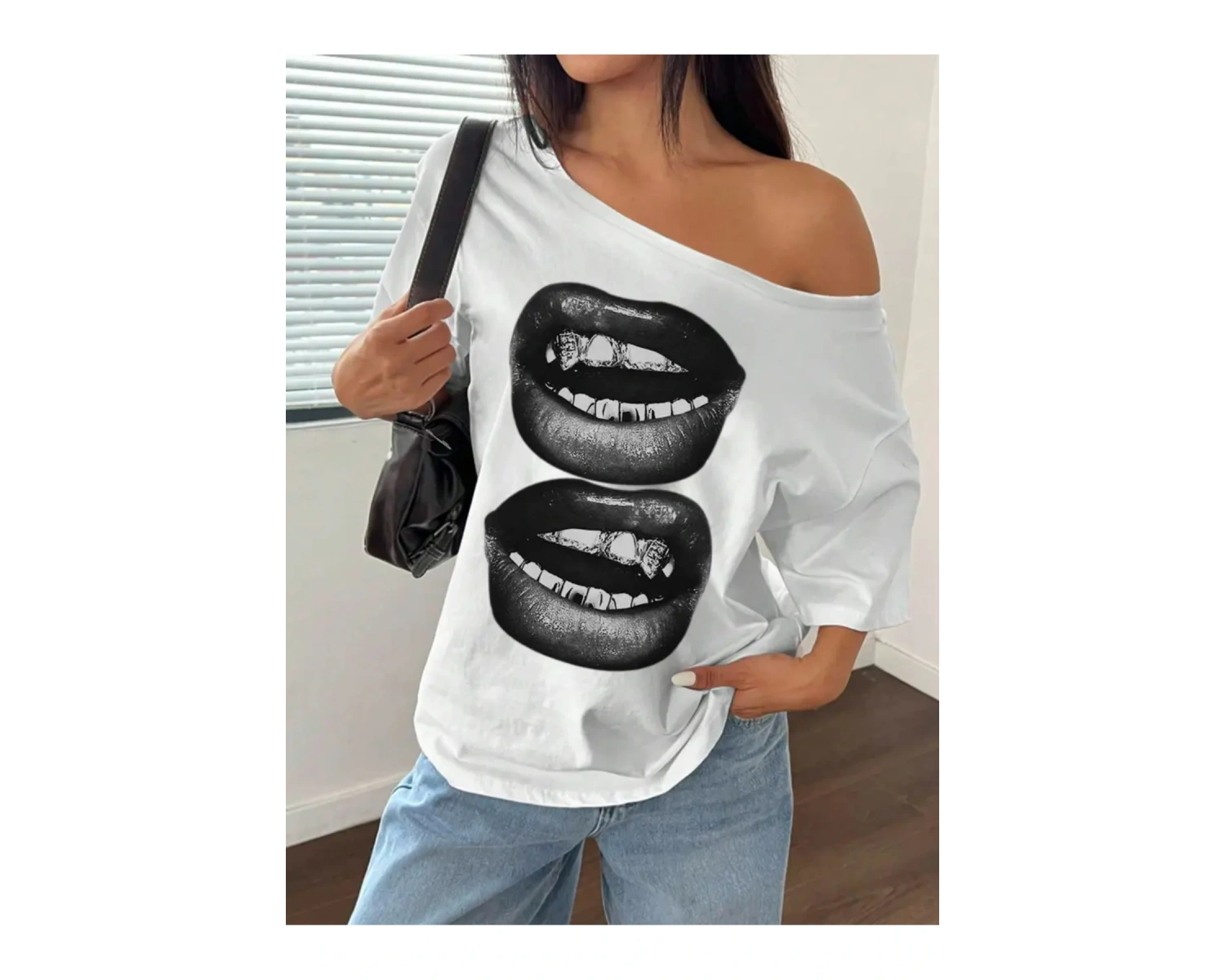 Beyaz Kadın Düşük Omuz Kayık Yaka Baskılı