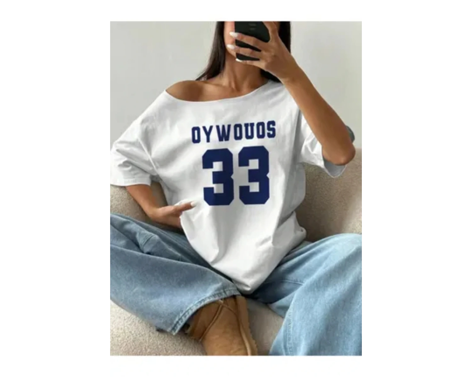 Beyaz Kadın Düşük Omuz Kayık Yaka Oywouos 33 Baskılı