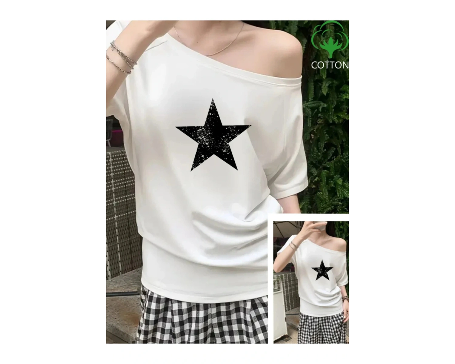 Beyaz Kadın Düşük Omuz Kayık Yaka Siyah Yıldız Baskılı