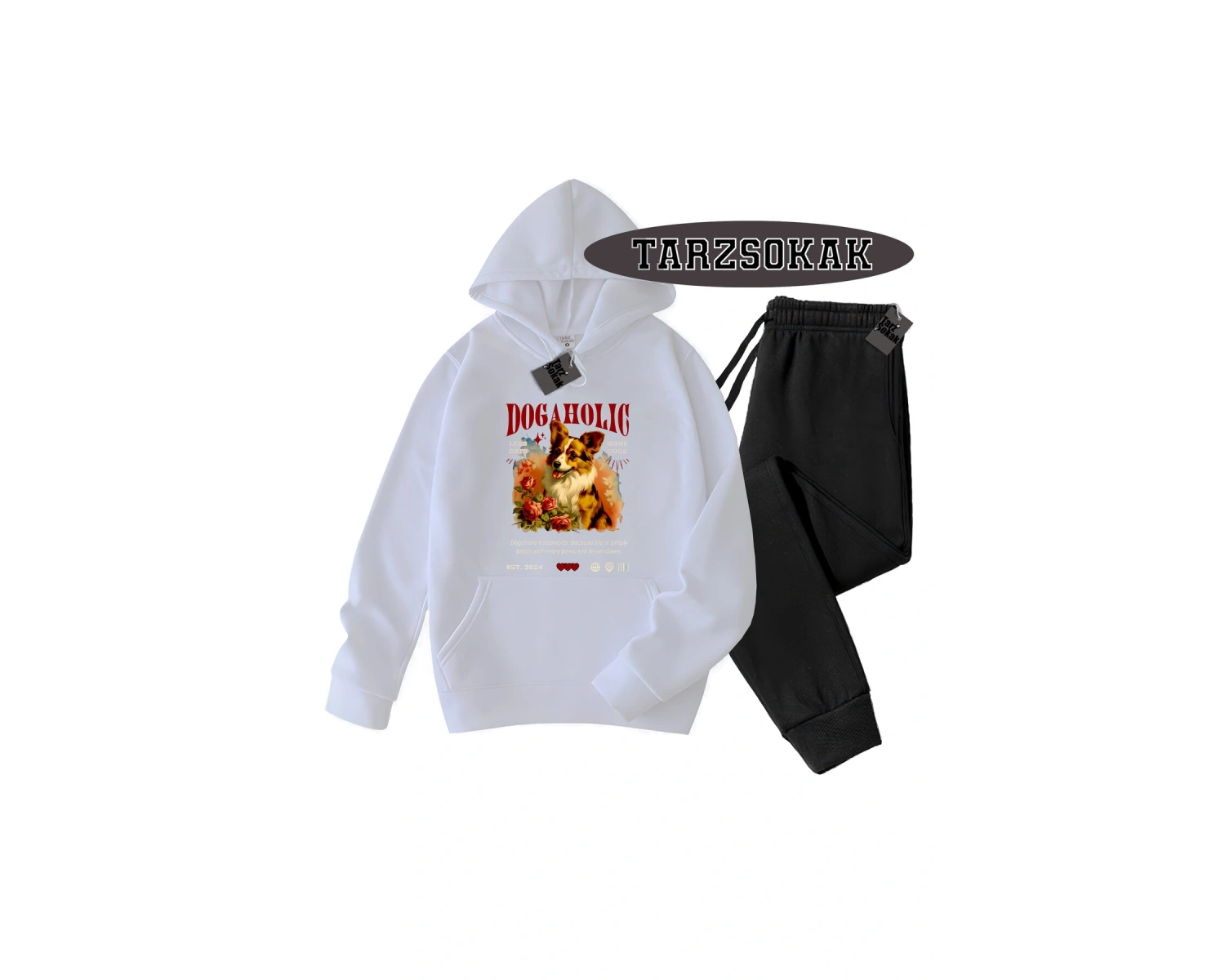 Beyaz Kapşonlu Dog Detaylı ikili TAKIM