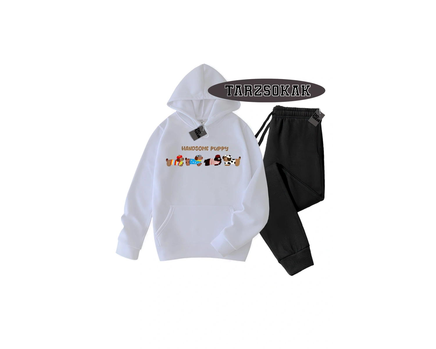 Beyaz Kapşonlu Handsome Detaylı ikili TAKIM