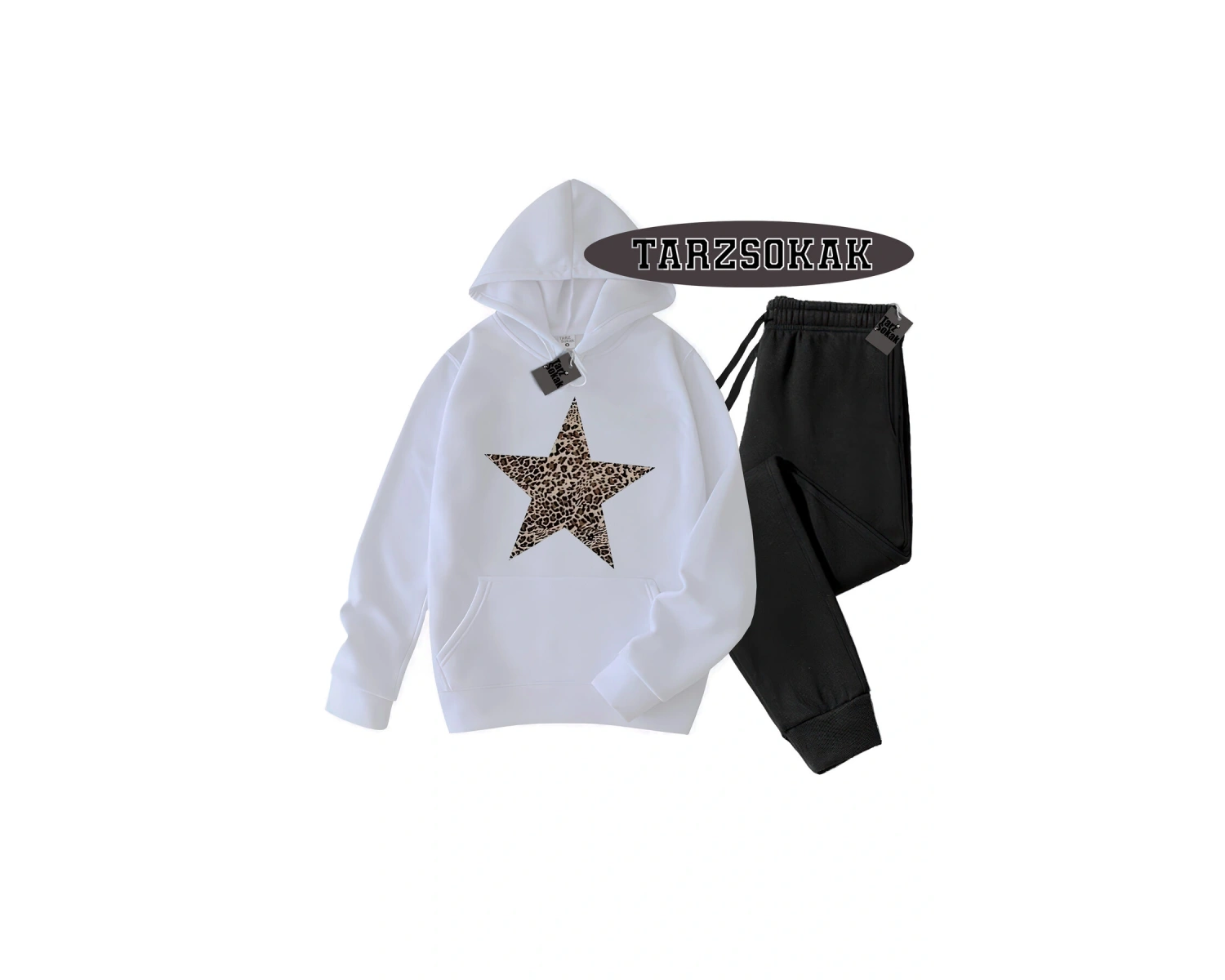 Beyaz Kapşonlu Leopar Yıldız Detaylı ikili TAKIM