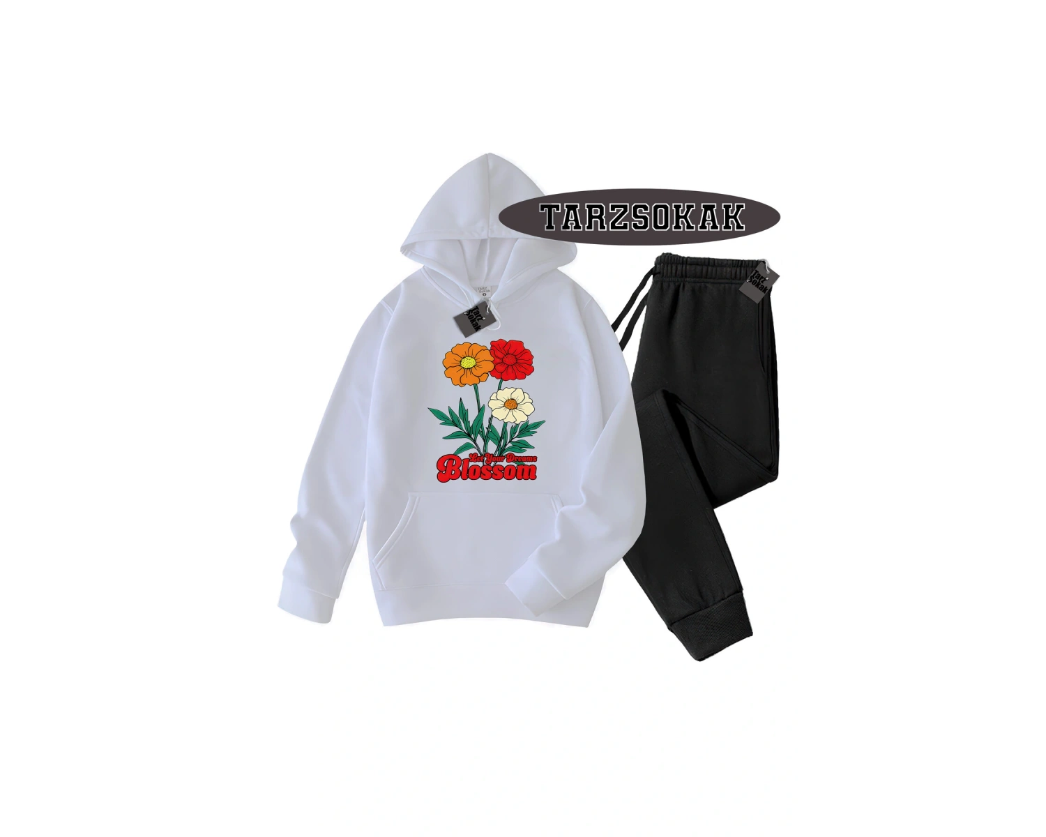 Beyaz Kapşonlu Let your dreams blossom Detaylı ikili TAKIM