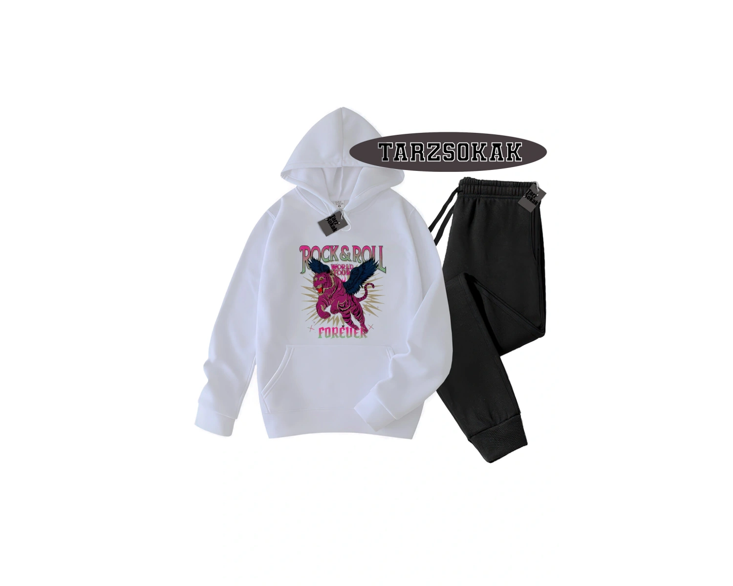 Beyaz Kapşonlu RockRoll Detaylı ikili TAKIM