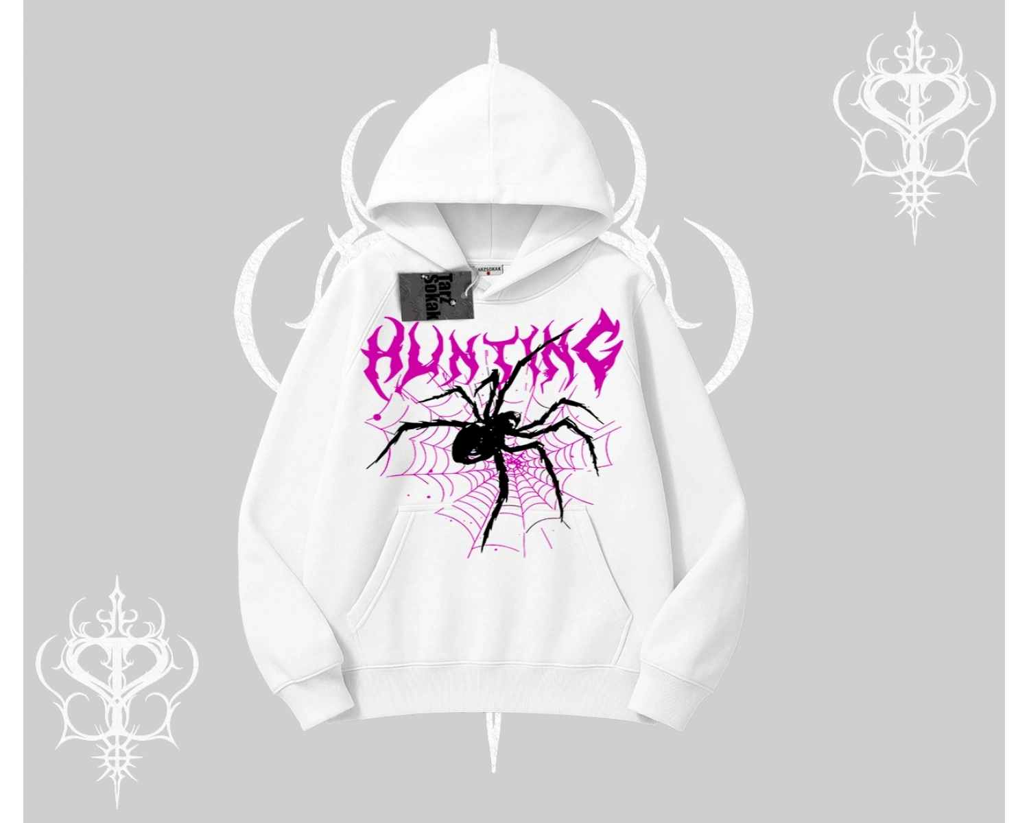 Beyaz Kapşonlu Sweatshirt Autumn Spider