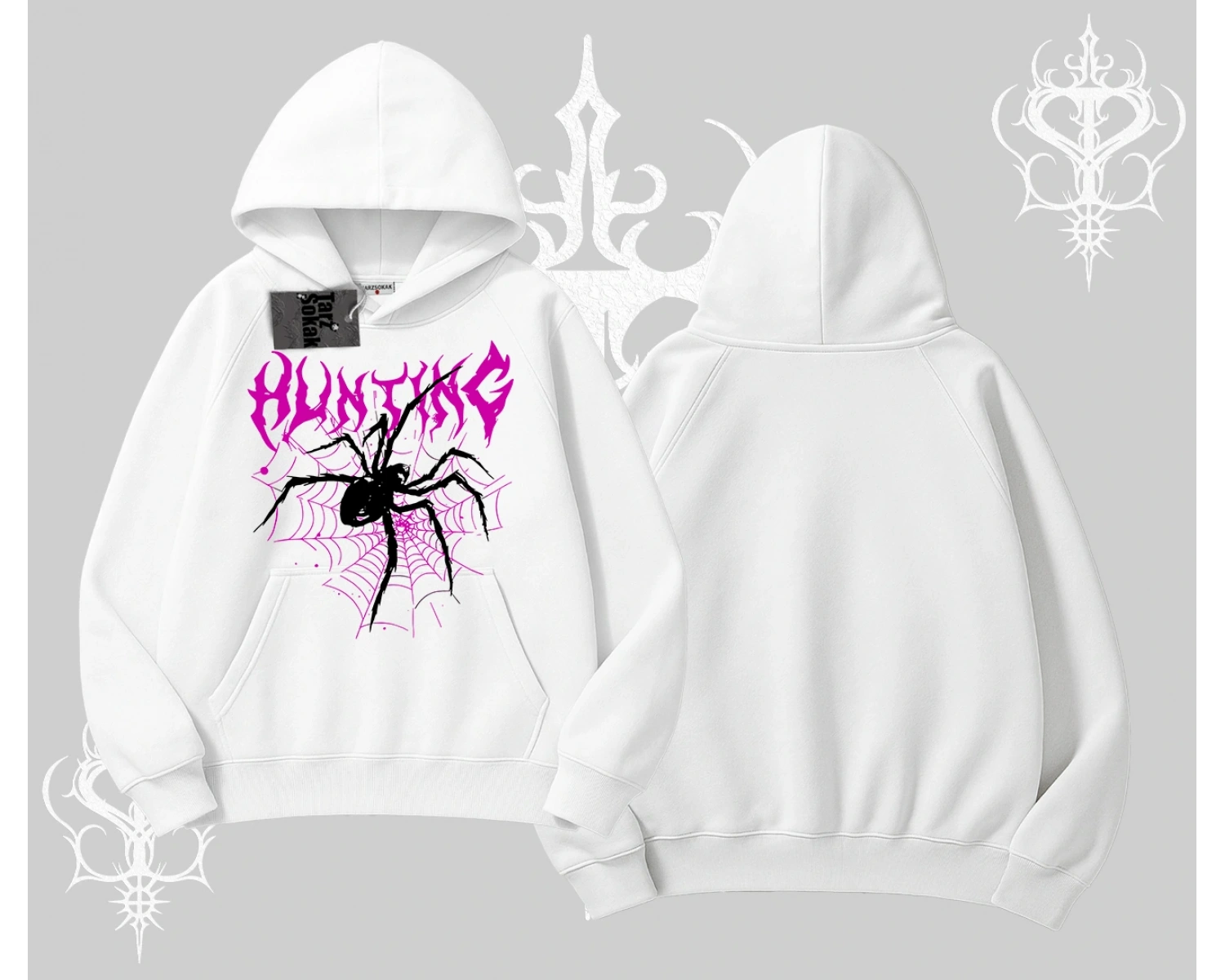 Beyaz Kapşonlu Sweatshirt Autumn Spider