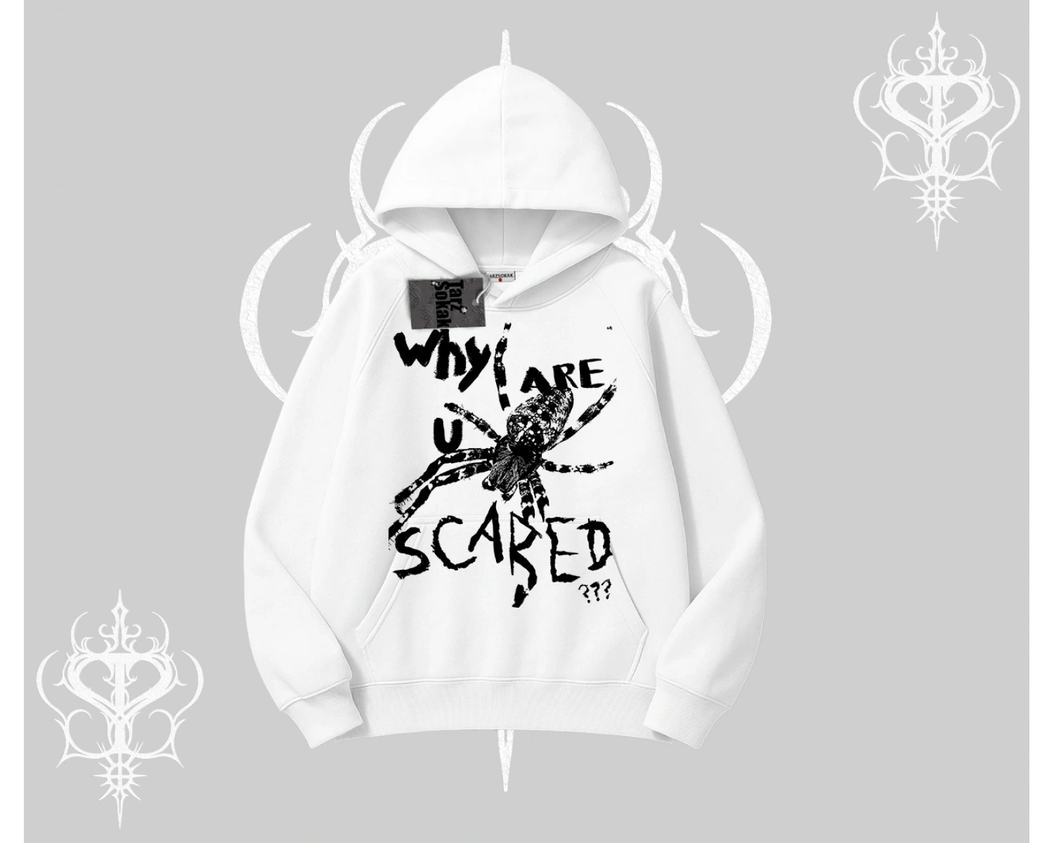 Beyaz Kapşonlu Sweatshirt Why are u Scared