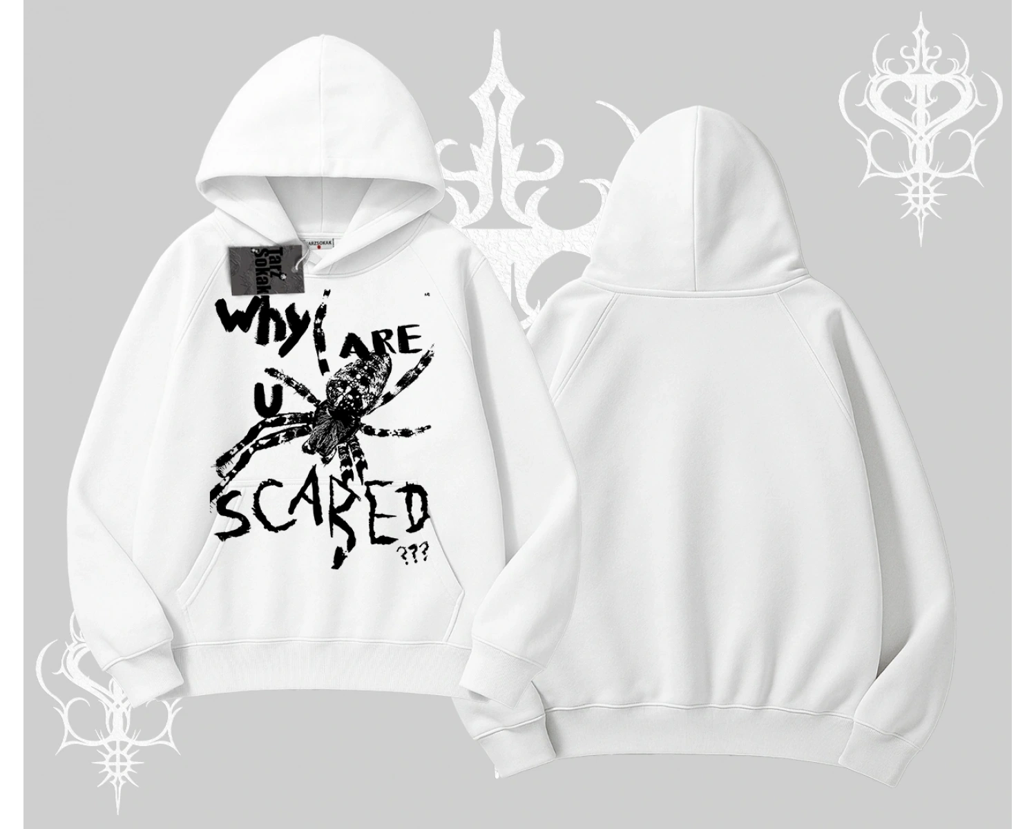 Beyaz Kapşonlu Sweatshirt Why are u Scared