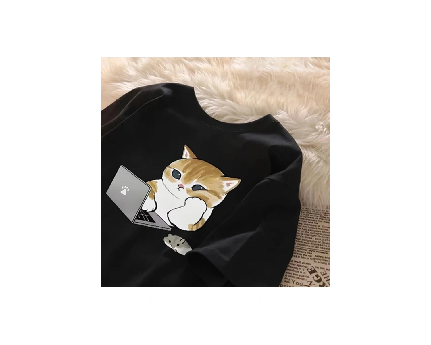 Beyaz Karikatür Anime Çalışma Kedi Baskı Çift Yuvarlak Boyun Yaz Gevşek ka