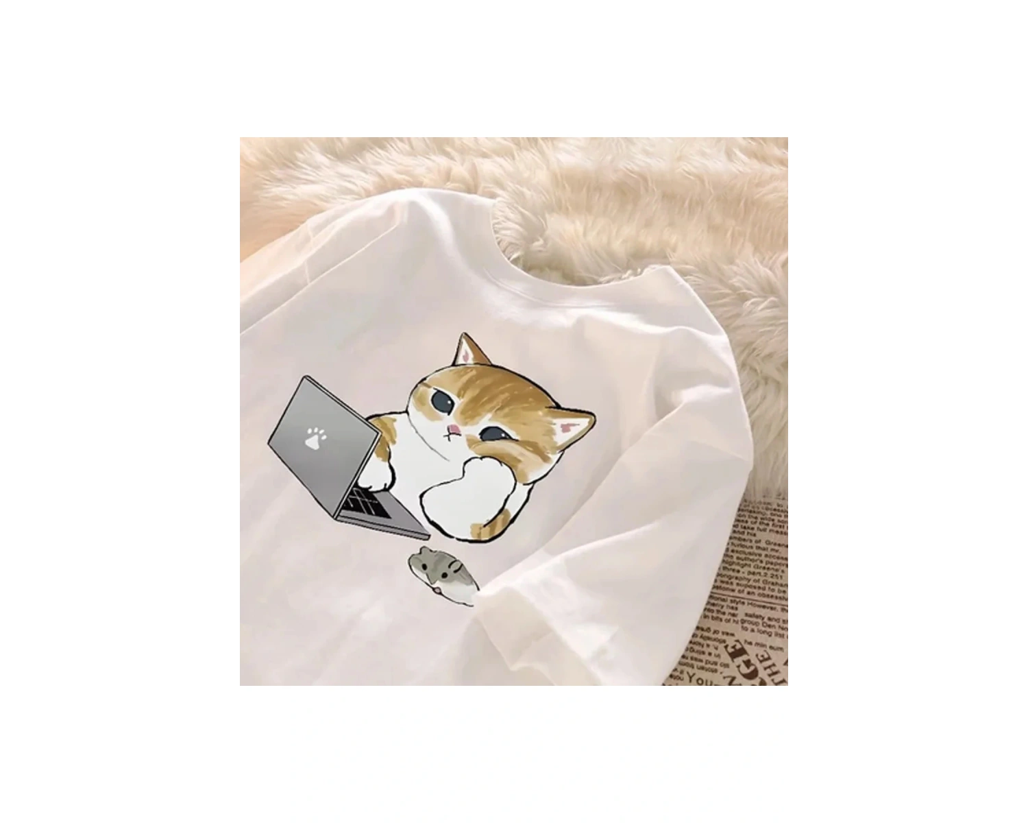 Beyaz Karikatür Anime Çalışma Kedi Baskı Çift Yuvarlak Boyun Yaz Gevşek ka