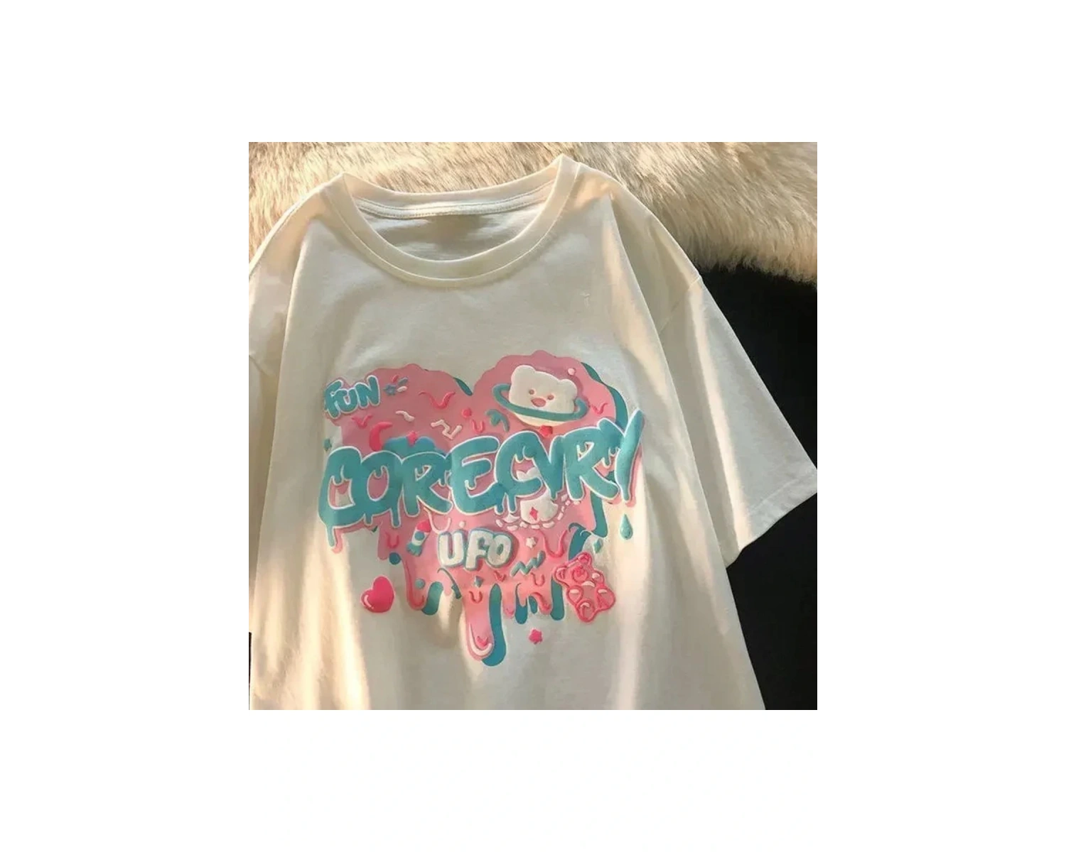 Beyaz Karikatür Baskı Yaz Sevimli Kalp şeklinde Desen Harajuku