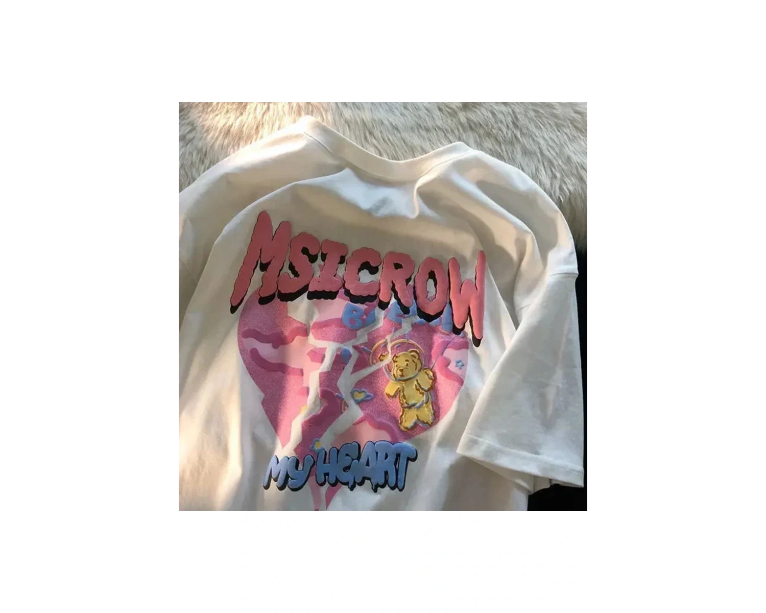 Beyaz Karikatür Baskı Yaz Sevimli Kalp şeklinde Desen Harajuku