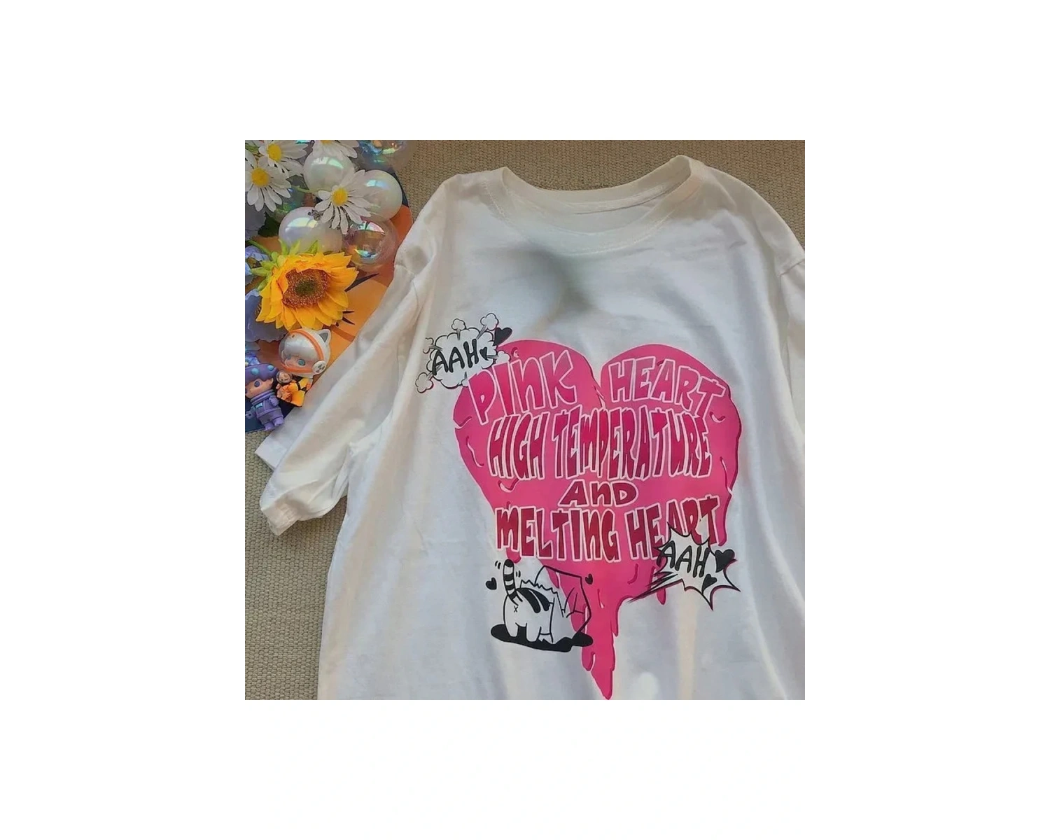 Beyaz Karikatür Baskı Yaz Sevimli Kalp şeklinde Desen Harajuku