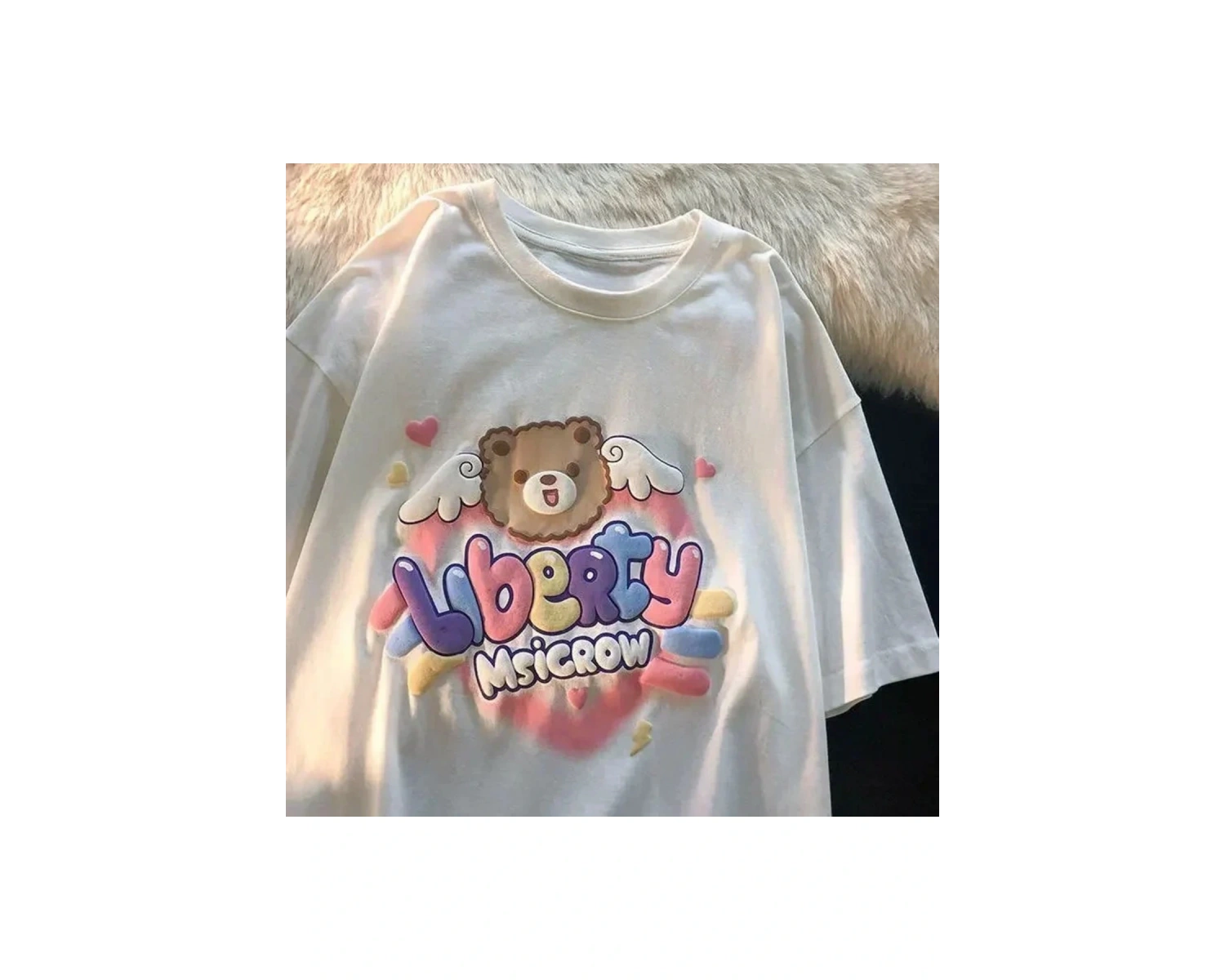 Beyaz Karikatür Baskı Yaz Sevimli Kalp şeklinde Desen Harajuku