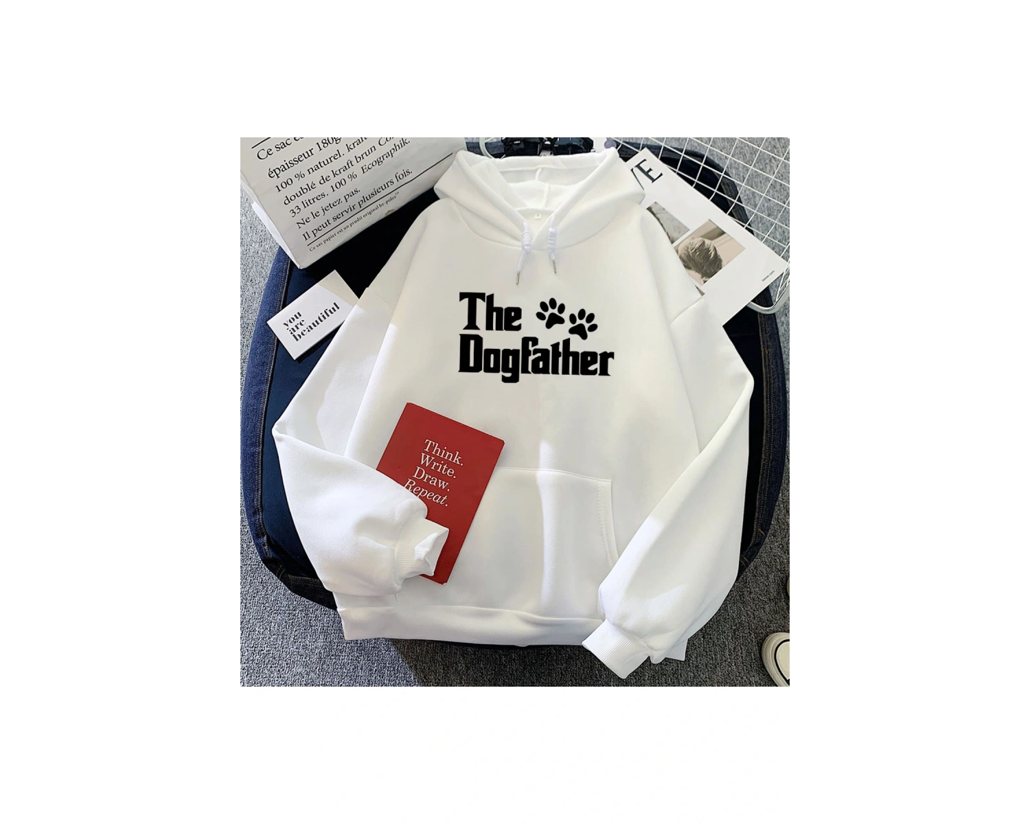 Beyaz Karikatür Dogfather grafik Hoodiesuzun kollu u lar