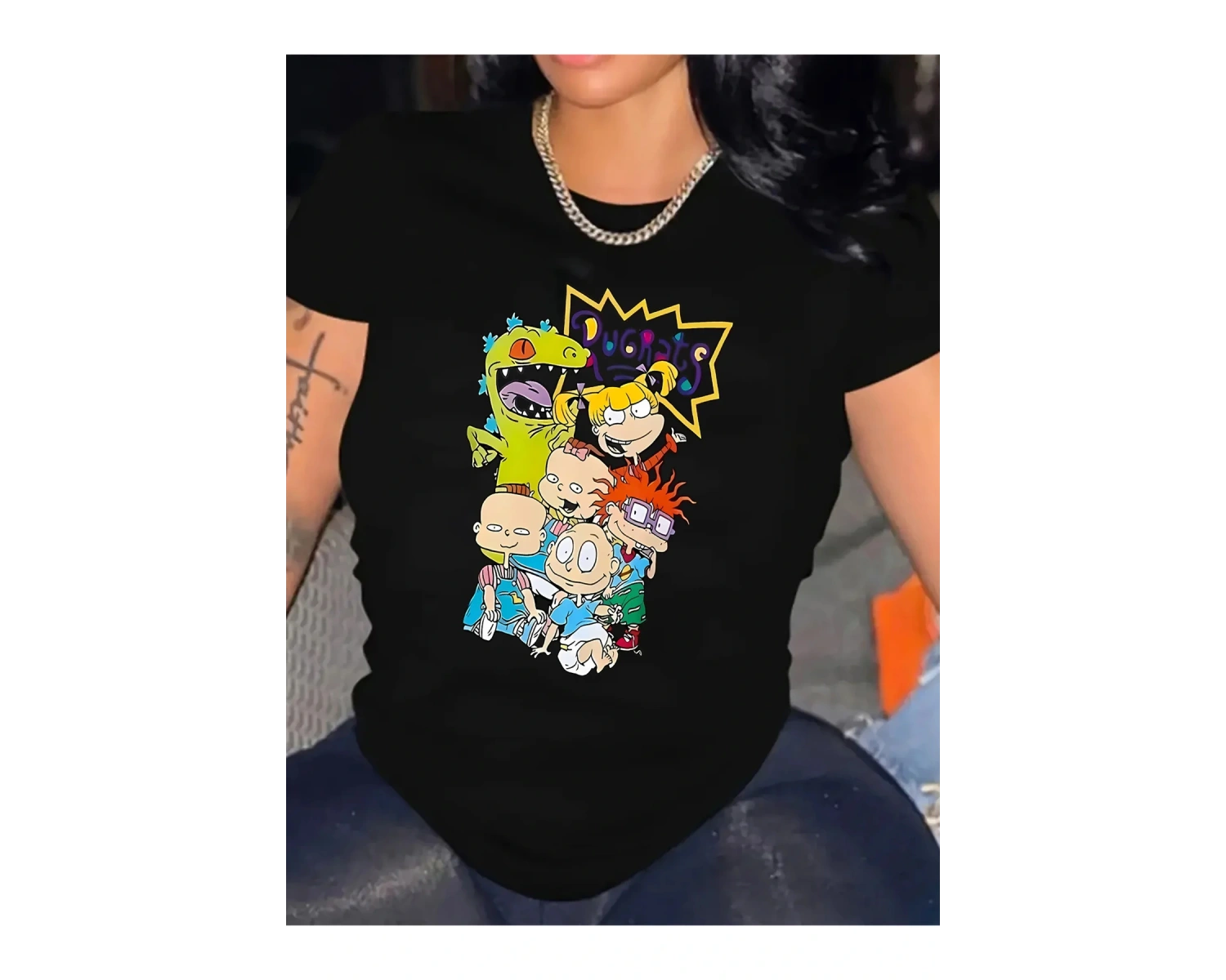 Beyaz Karikatür Grafikli Rugrats Karakterleri Baskı Günlük Bisiklet Yaka Polyester Karışımı S