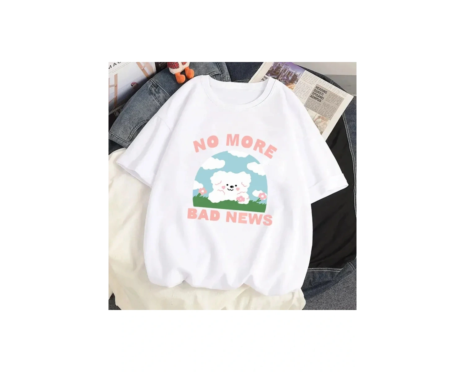 Beyaz Karikatür i Sevimli Kedi Grafik Tee Köpek Baskı