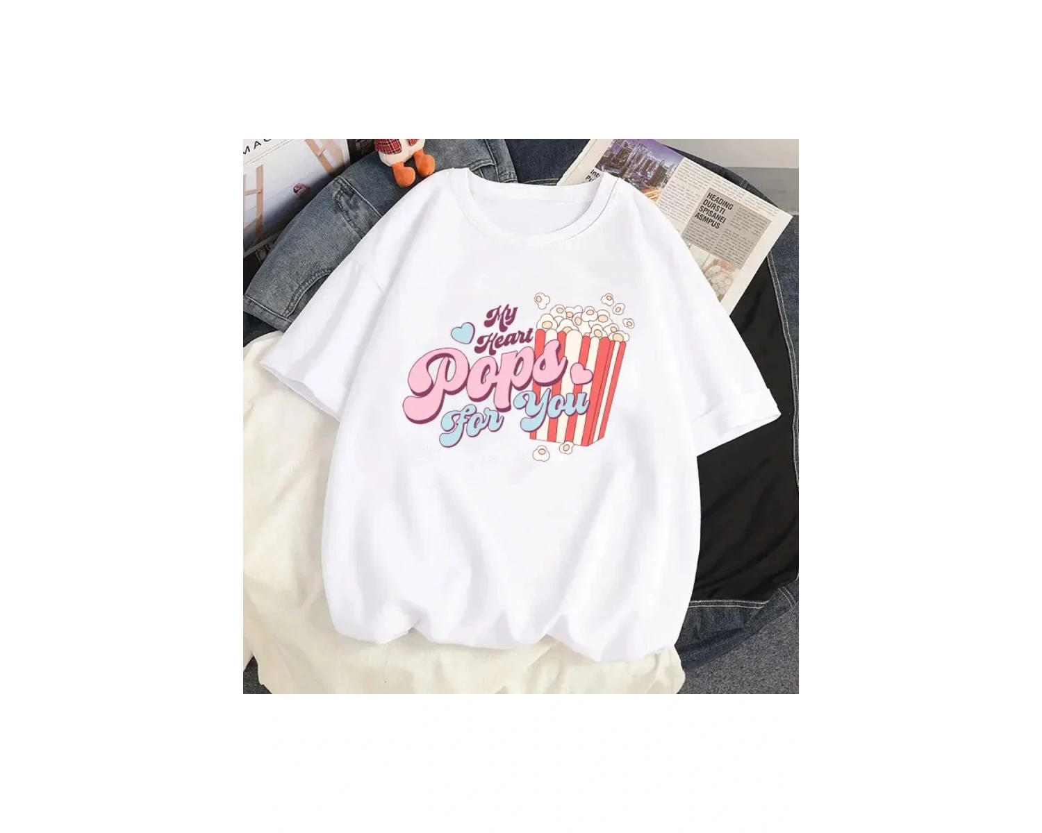 Beyaz Karikatür i Sevimli Kedi Grafik Tee Köpek Baskı