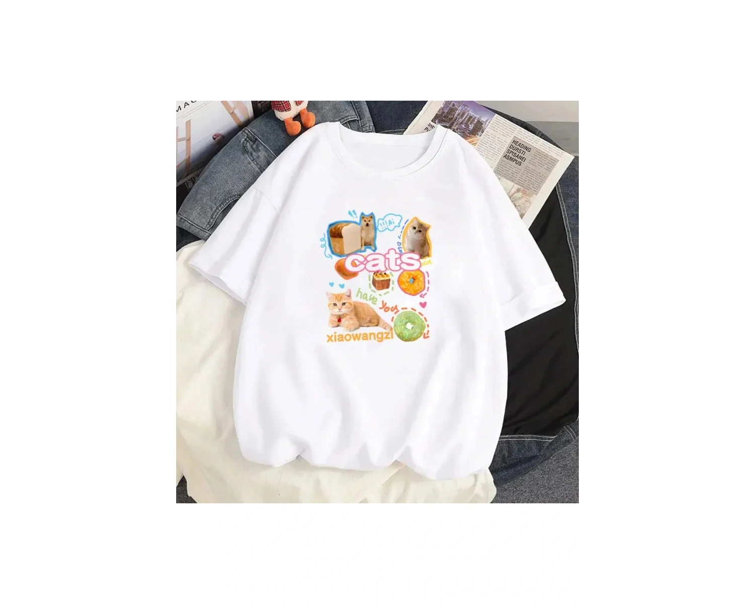 Beyaz Karikatür i Sevimli Kedi Grafik Tee Köpek Baskı