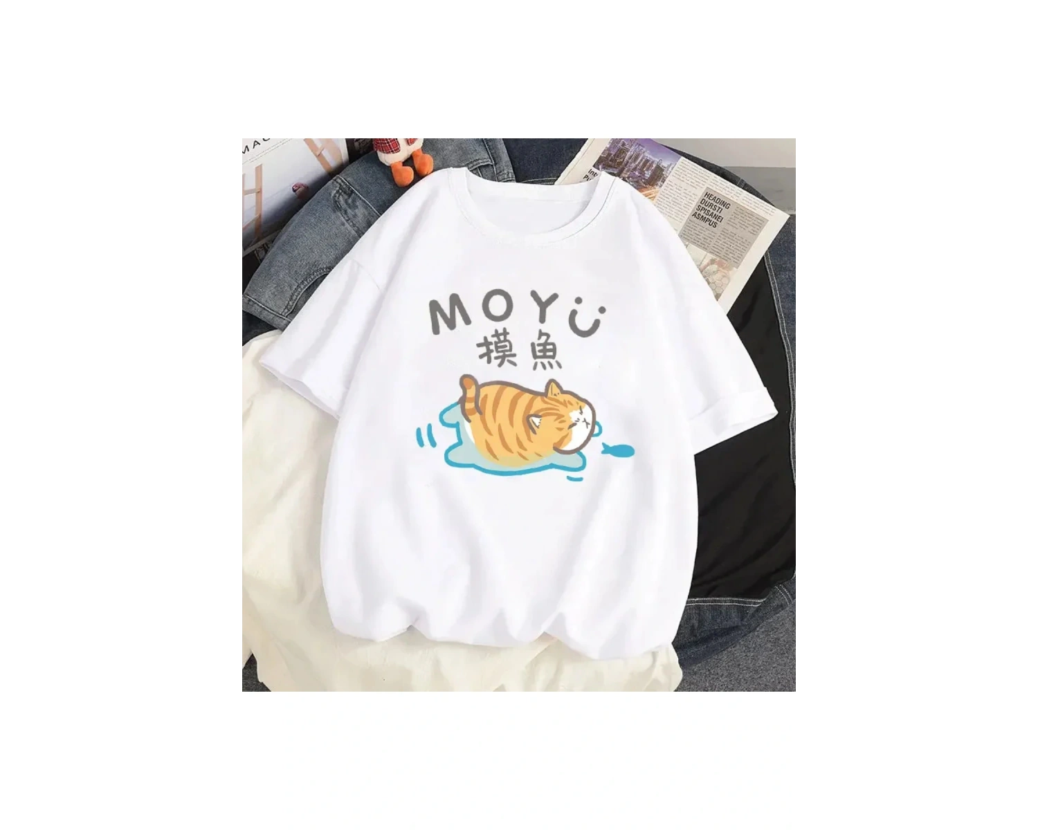 Beyaz Karikatür i Sevimli Kedi Grafik Tee Köpek Baskı