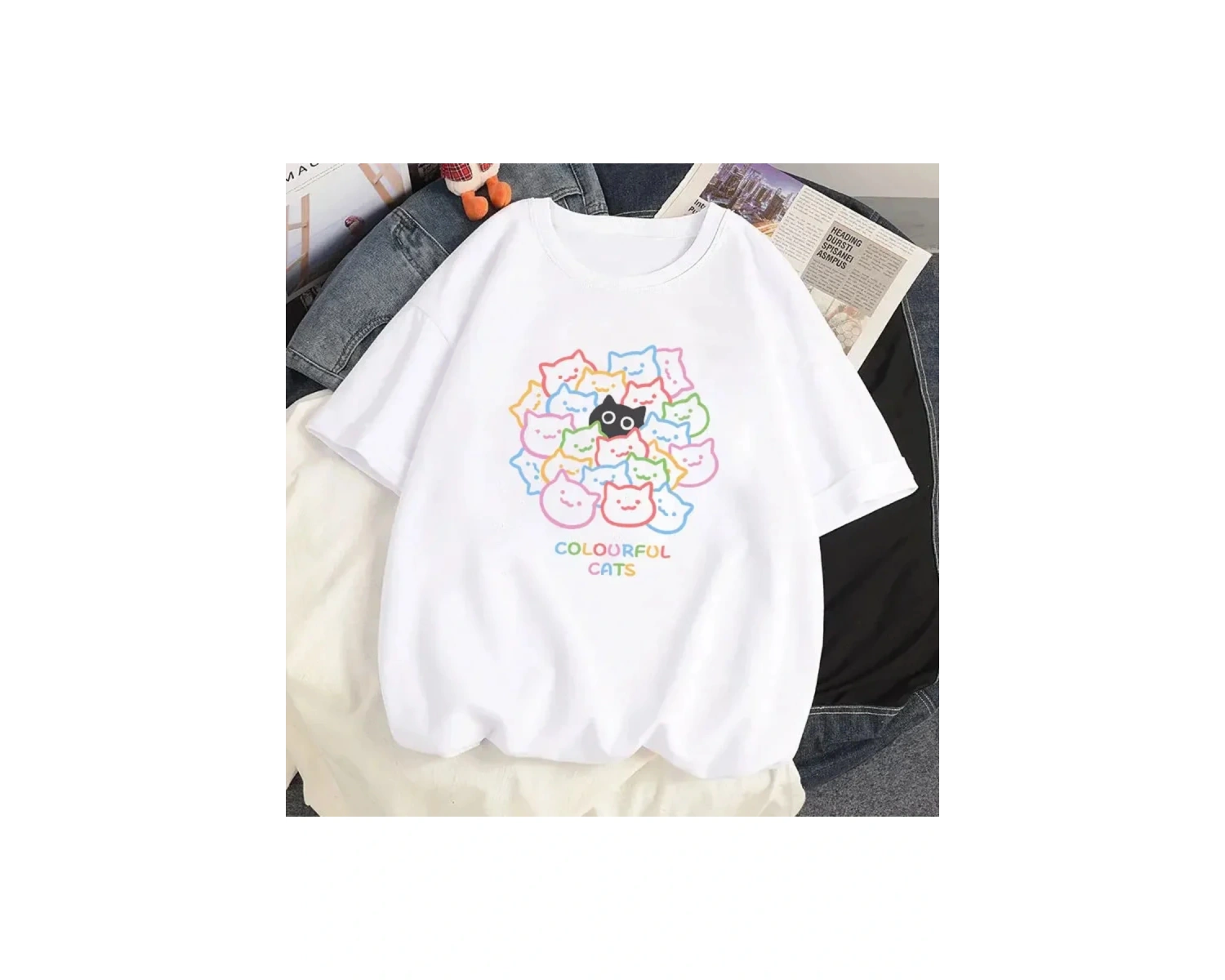 Beyaz Karikatür i Sevimli Kedi Grafik Tee Köpek Baskı