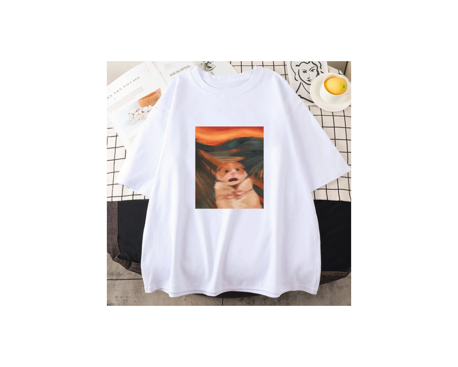 Beyaz Karikatür Kawaii Baskı leri Hamster Meme Grafik li Yumuşak T