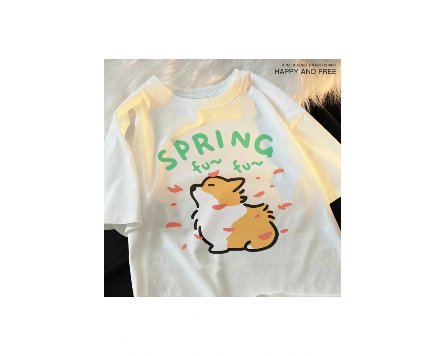 Beyaz Karikatür Sevimli Kedi ve Köpek Desen Eğlenceli Tshirt bol Tees Sokak Serin Kısa