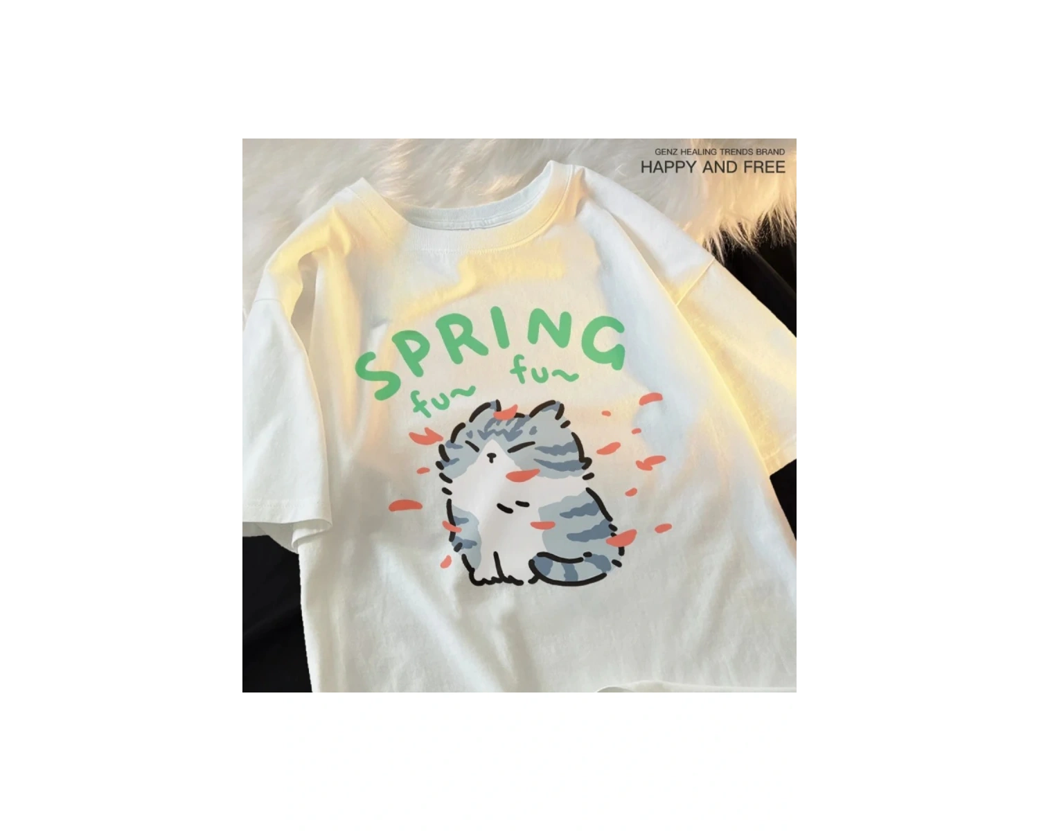 Beyaz Karikatür Sevimli Kedi ve Köpek Desen Eğlenceli Tshirt bol Tees Sokak Serin Kısa