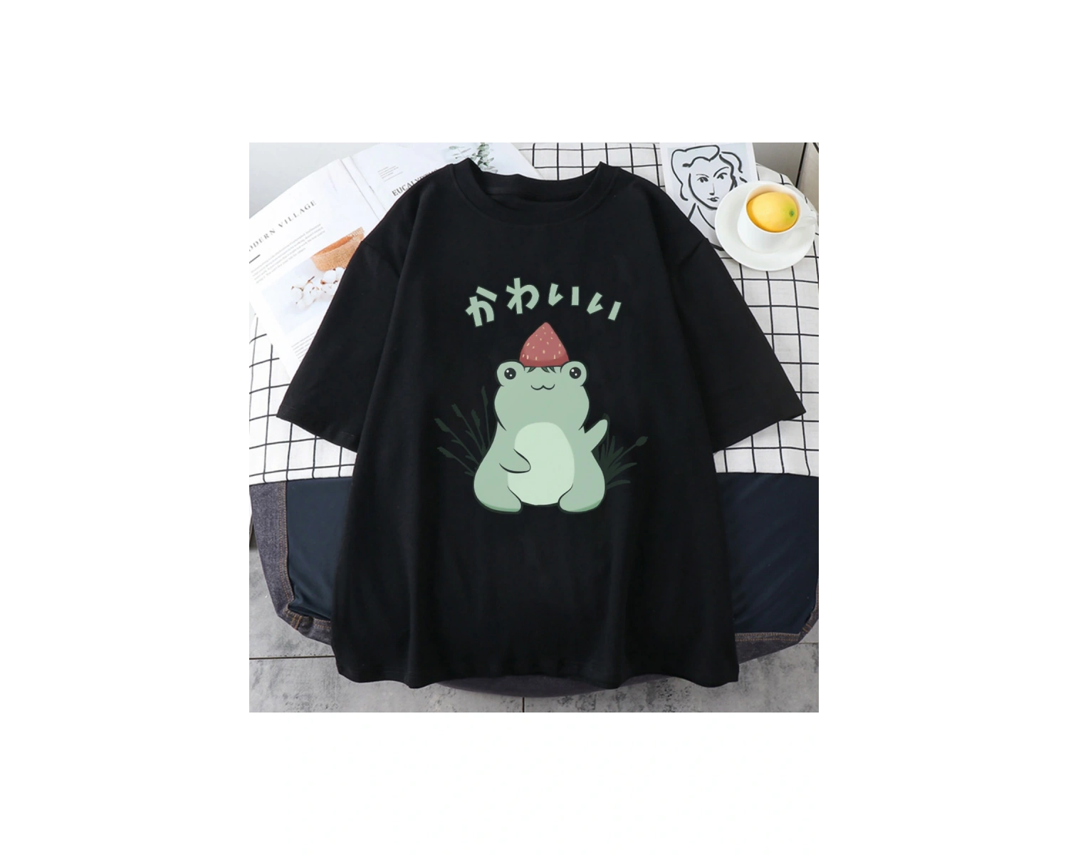 Beyaz Kawaii çilek kurbağa lu yaz karikatür hayvan üstleri ra