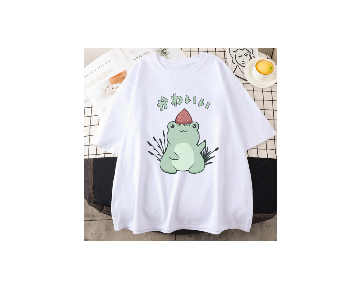 Beyaz Kawaii çilek kurbağa lu yaz karikatür hayvan üstleri ra