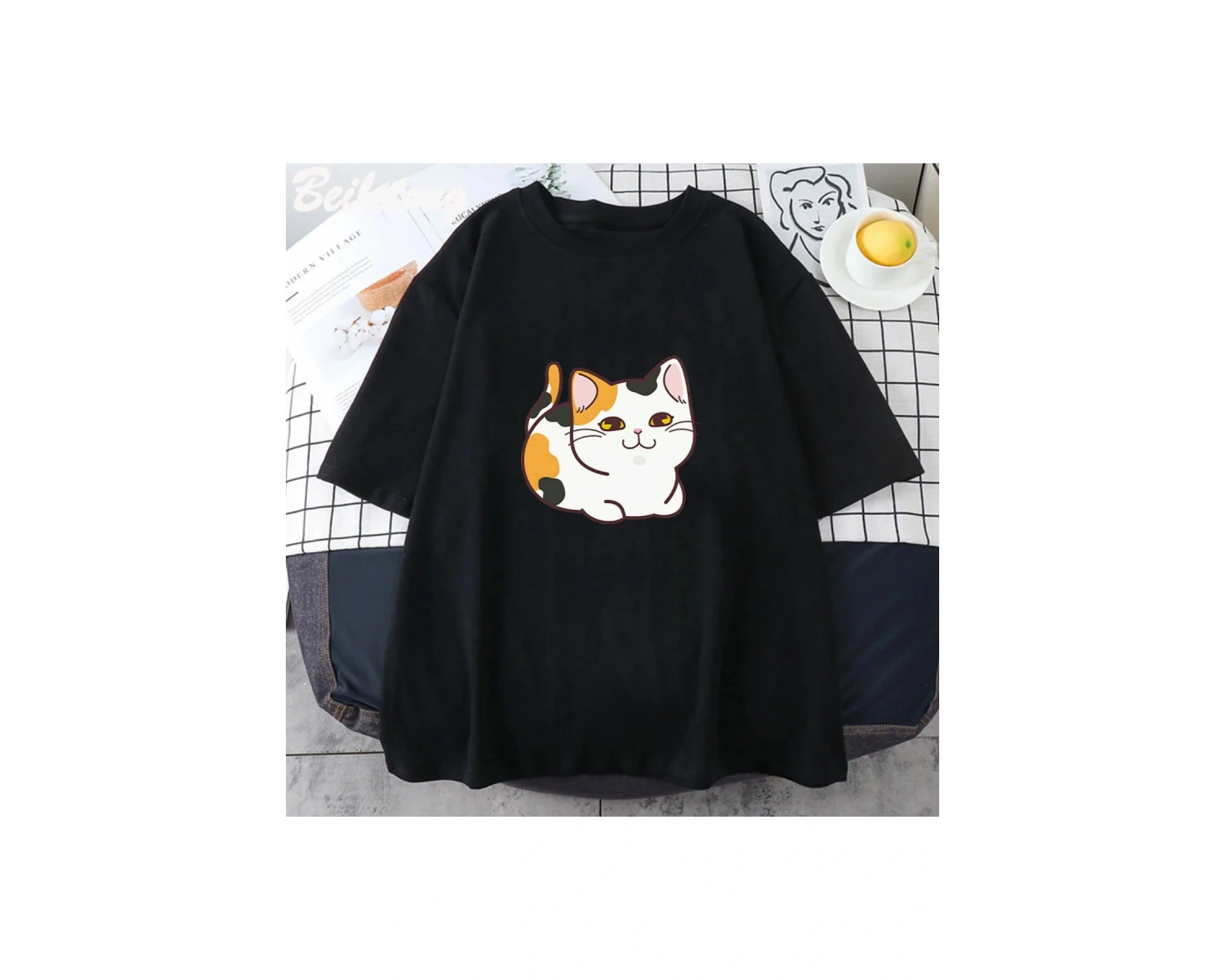 Beyaz Kawaii Patiska Kedi baskılı Estetik Sevimli Karikatür Grafik