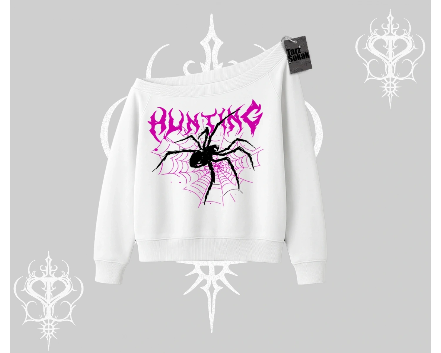 Beyaz Kayık Yaka Sweatshirt Autumn Spider