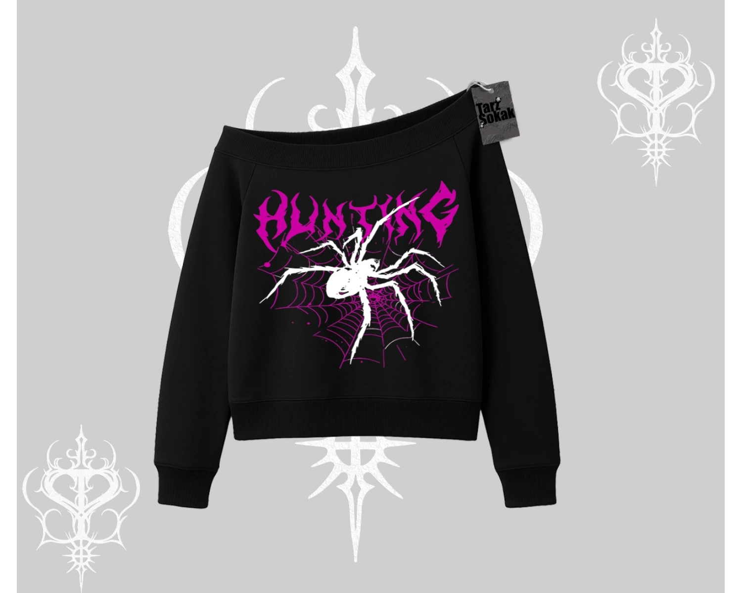 Beyaz Kayık Yaka Sweatshirt Autumn Spider