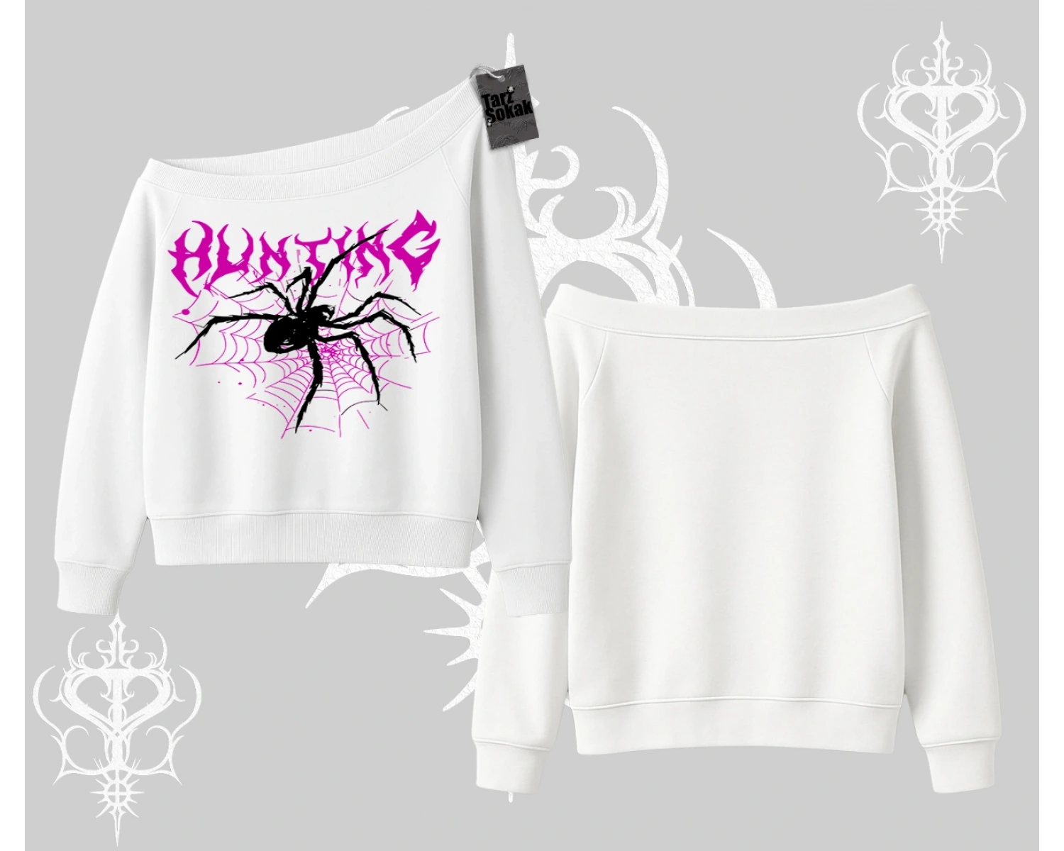 Beyaz Kayık Yaka Sweatshirt Autumn Spider