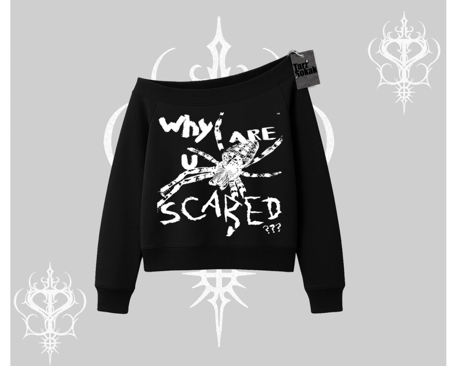 Beyaz Kayık Yaka Sweatshirt Why are u Scared