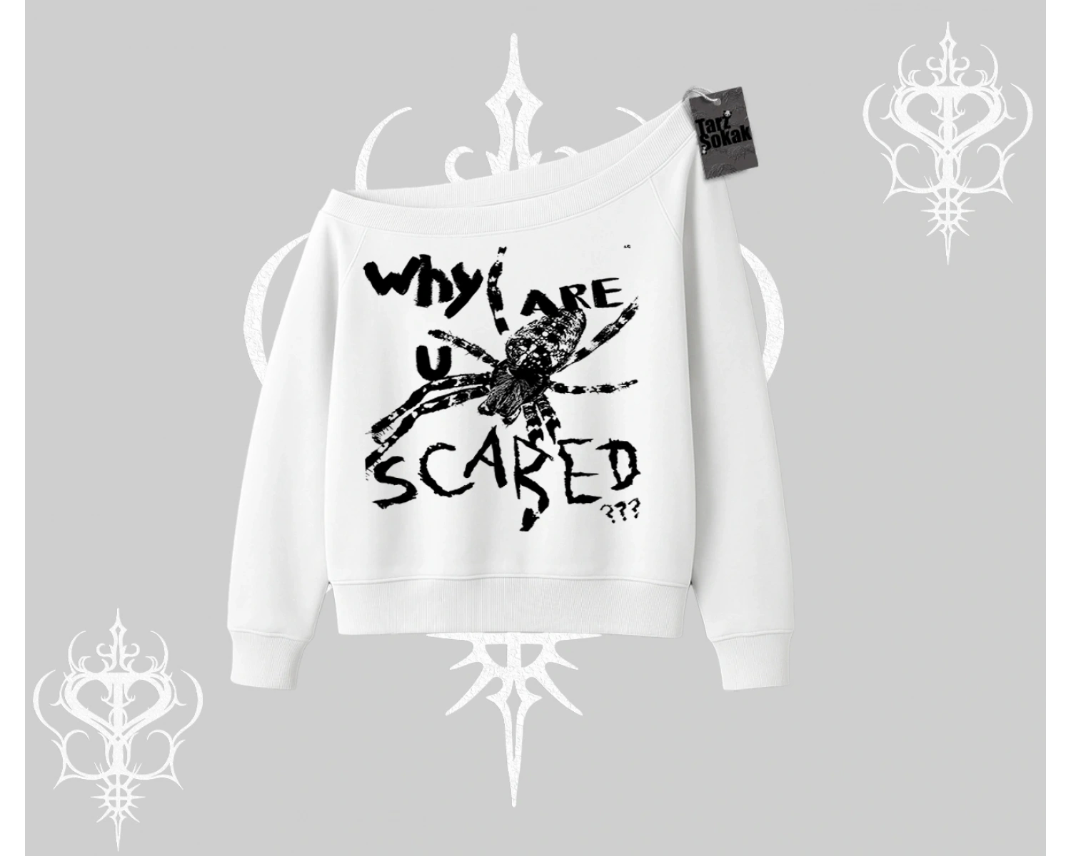 Beyaz Kayık Yaka Sweatshirt Why are u Scared