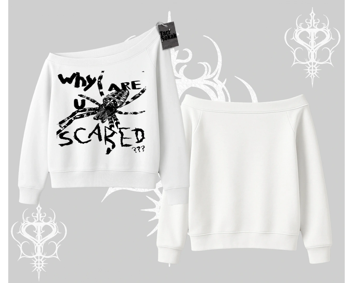 Beyaz Kayık Yaka Sweatshirt Why are u Scared