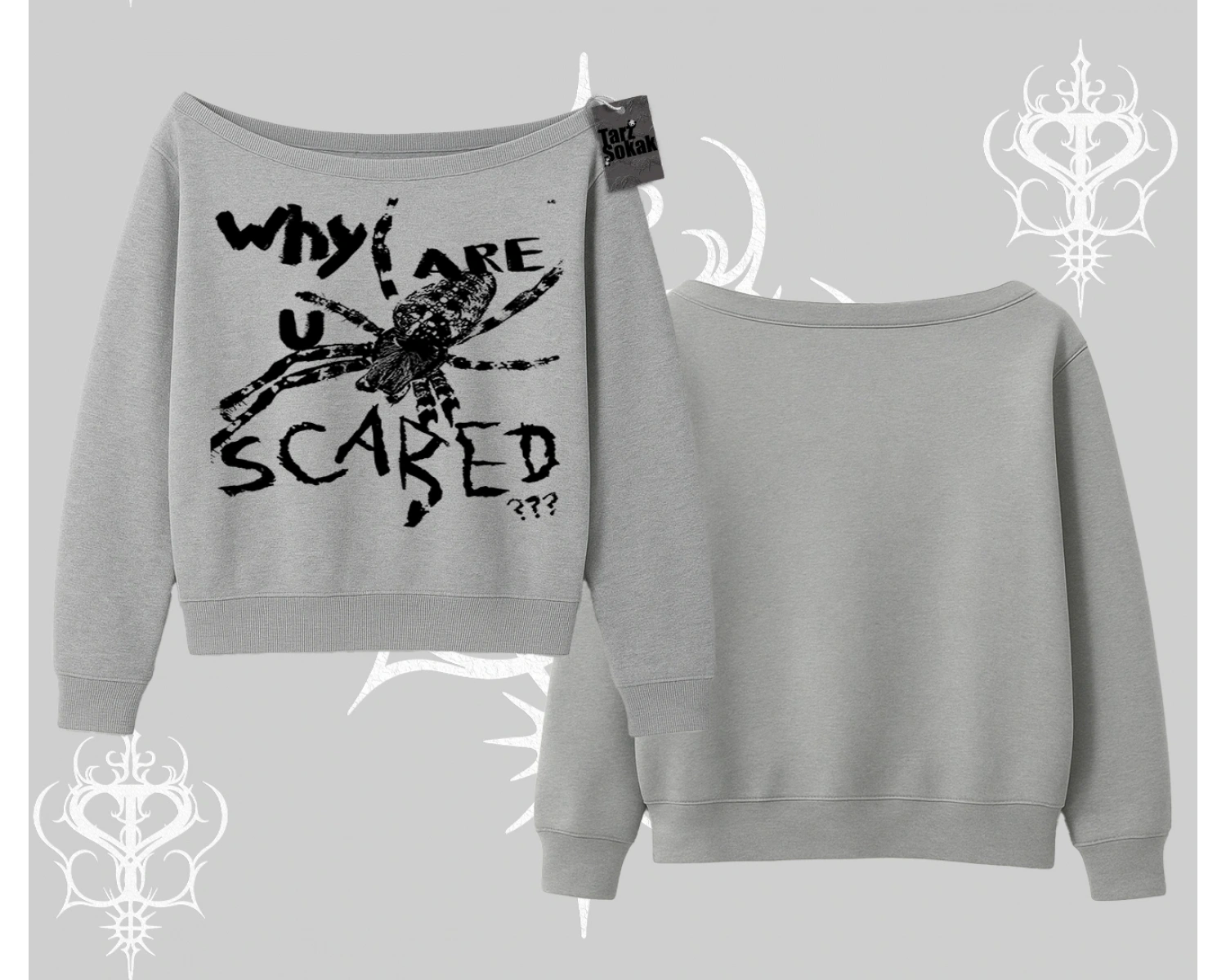 Beyaz Kayık Yaka Sweatshirt Why are u Scared