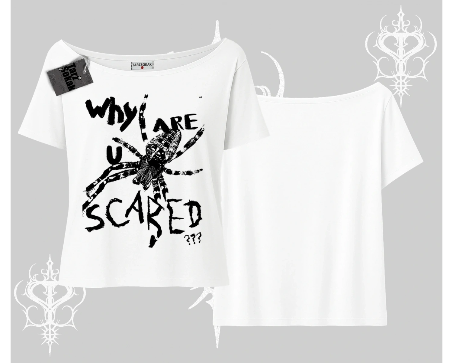 Beyaz Kayık yaka Tişört Why are u Scared