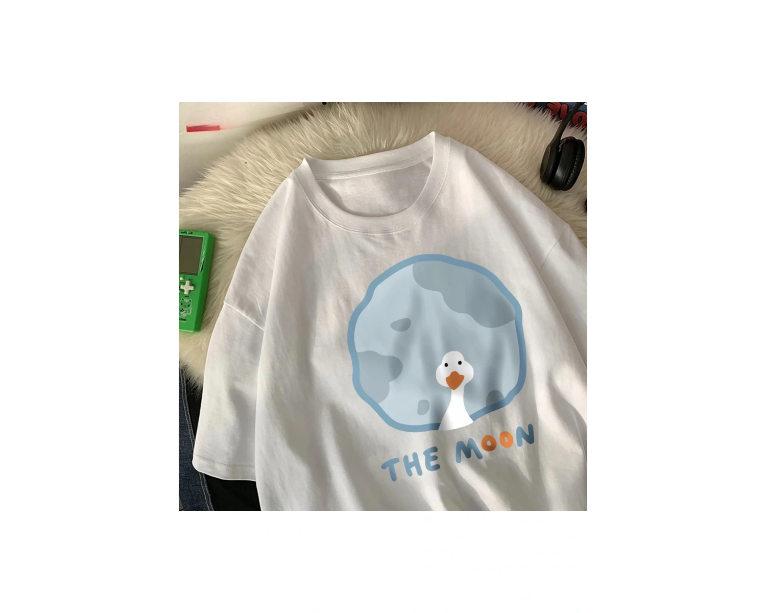 Beyaz Kazın arkası ay karikatür baskılar gevşek o-boyun yumuşak üs