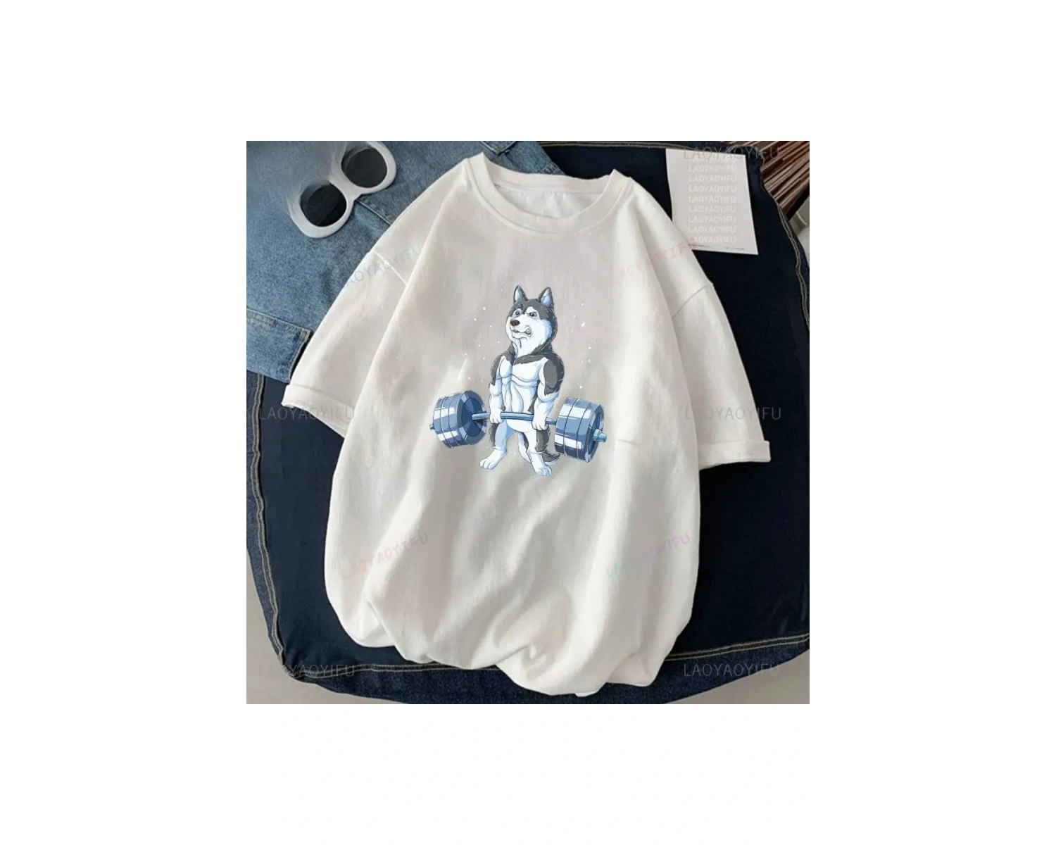 Beyaz Kedi Halter baskılı Çalışma Komik Spor Salonu Tasarım Etiket Grafik li T