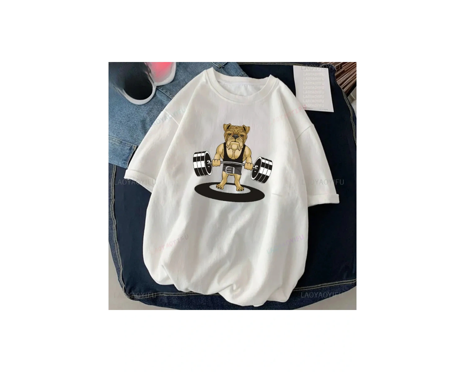 Beyaz Kedi Halter baskılı Çalışma Komik Spor Salonu Tasarım Etiket Grafik li T