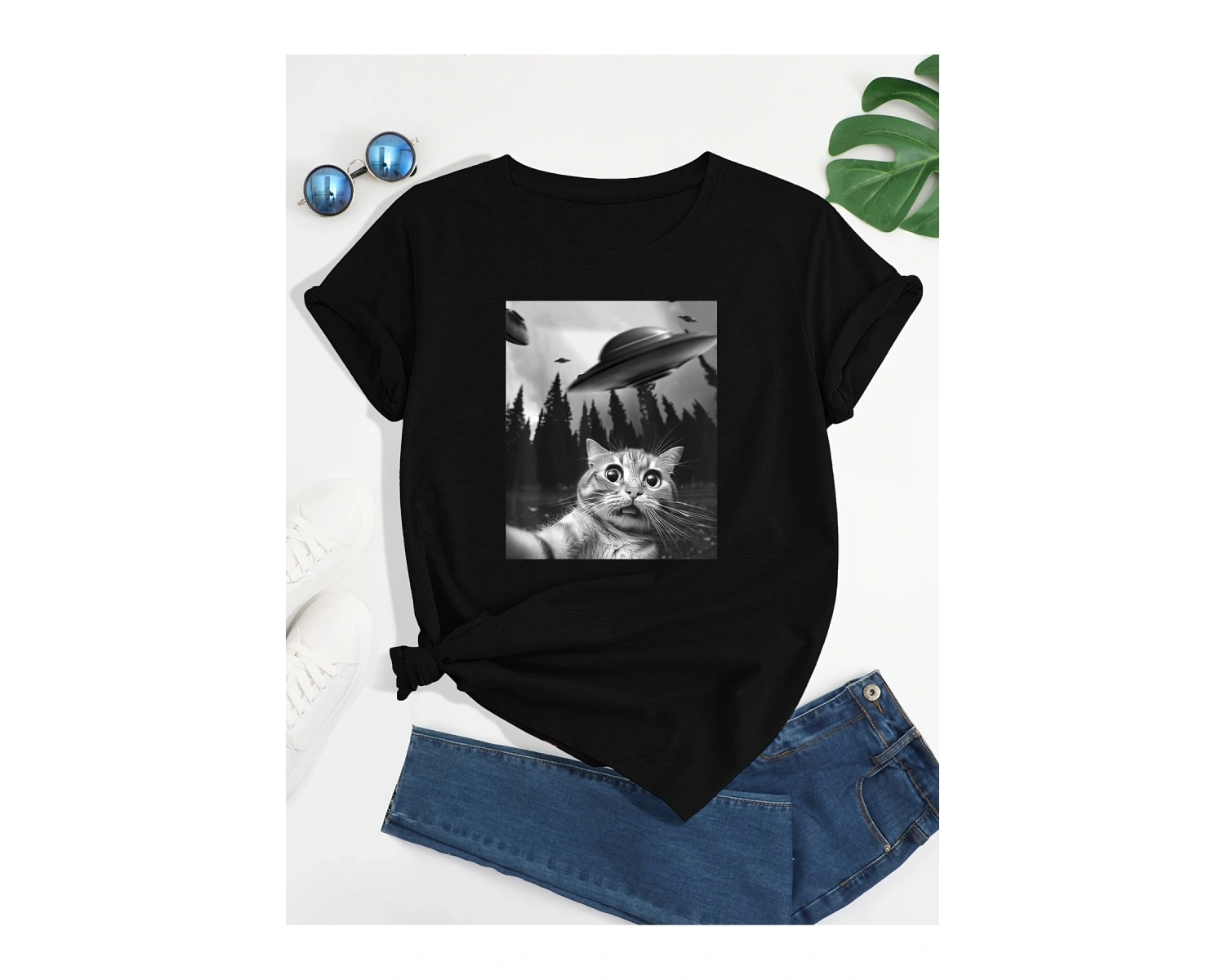 Beyaz Kedi ve UFO Baskılı Bisiklet Yaka , İlkbahar ve Yaz İçin Günlük , Kadı